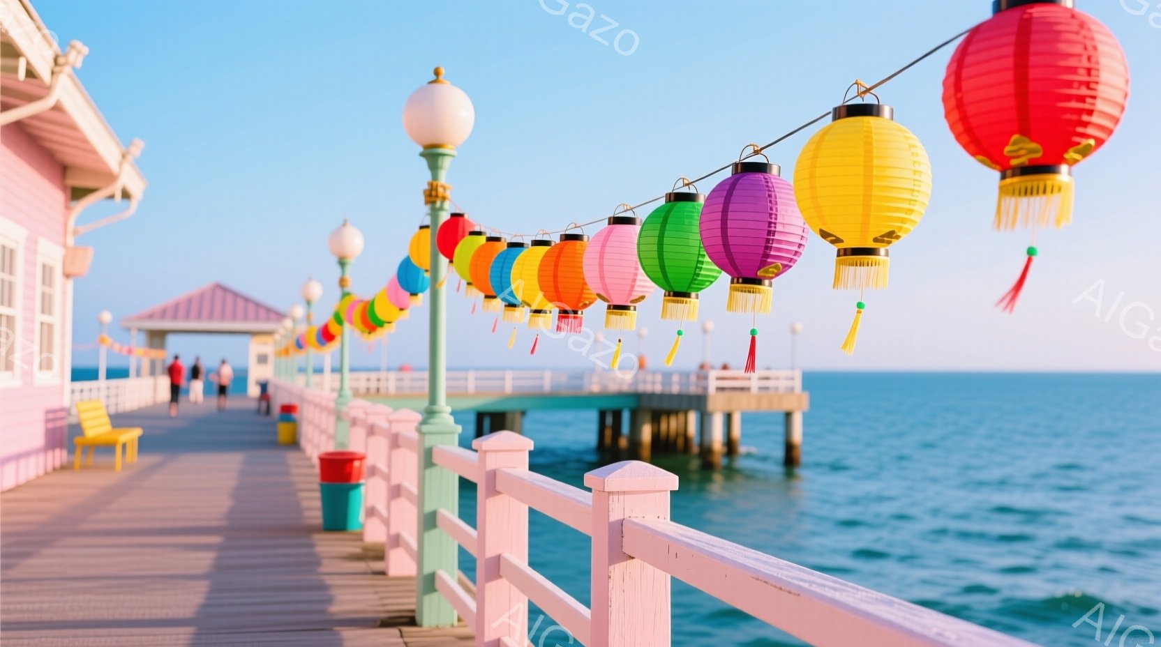 ピンク色の桟橋には、色とりどりの提灯が飾られ、明るい日差しの中で穏やかな海が広がっています。桟橋の上には数人の人々が歩いており、リラックスした雰囲気の中で景色を楽しんでいるようです。背景には、ピンク色 - AI生成フリー素材