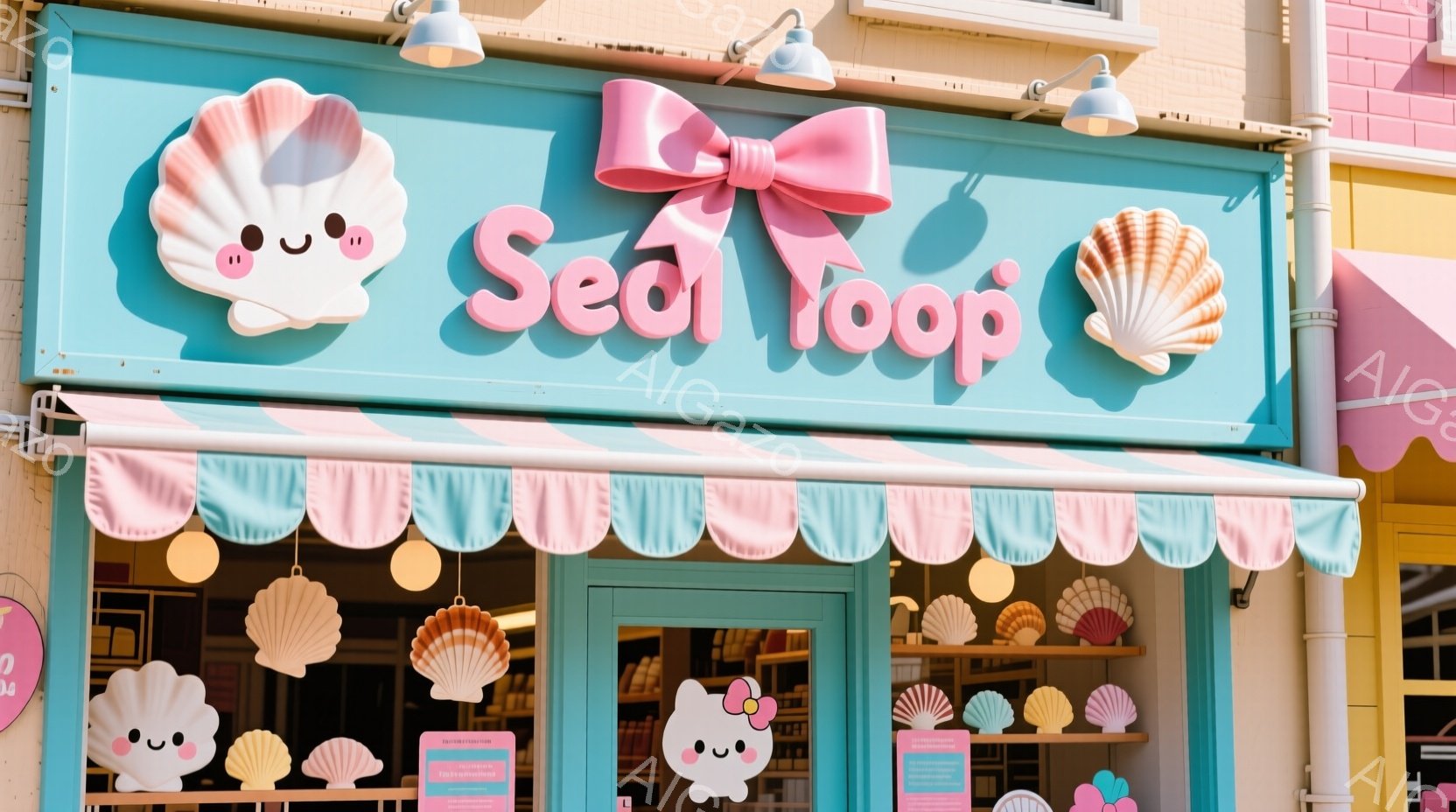明るい水色の外観が印象的なお店です。可愛らしいキャラクターの貝殻が入り口の周りに飾られており、ピンク色のリボンと文字がアクセントになっています。全体的にパステルカラーで統一されており、海辺の可愛らしい雰囲気が漂っています。