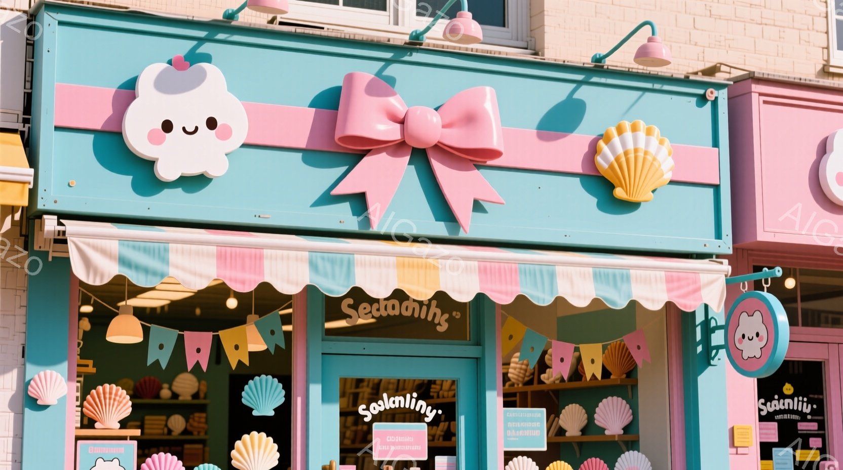 パステルブルーとピンクを基調とした可愛らしいお店の外観です。クリーム色のオーニングと貝殻モチーフの装飾が印象的で、入り口には可愛らしい雲のキャラクターが描かれた看板があります。全体的に明るく、甘い雰囲気で、女性や子供たちが喜びそうな可愛らしいお店です。