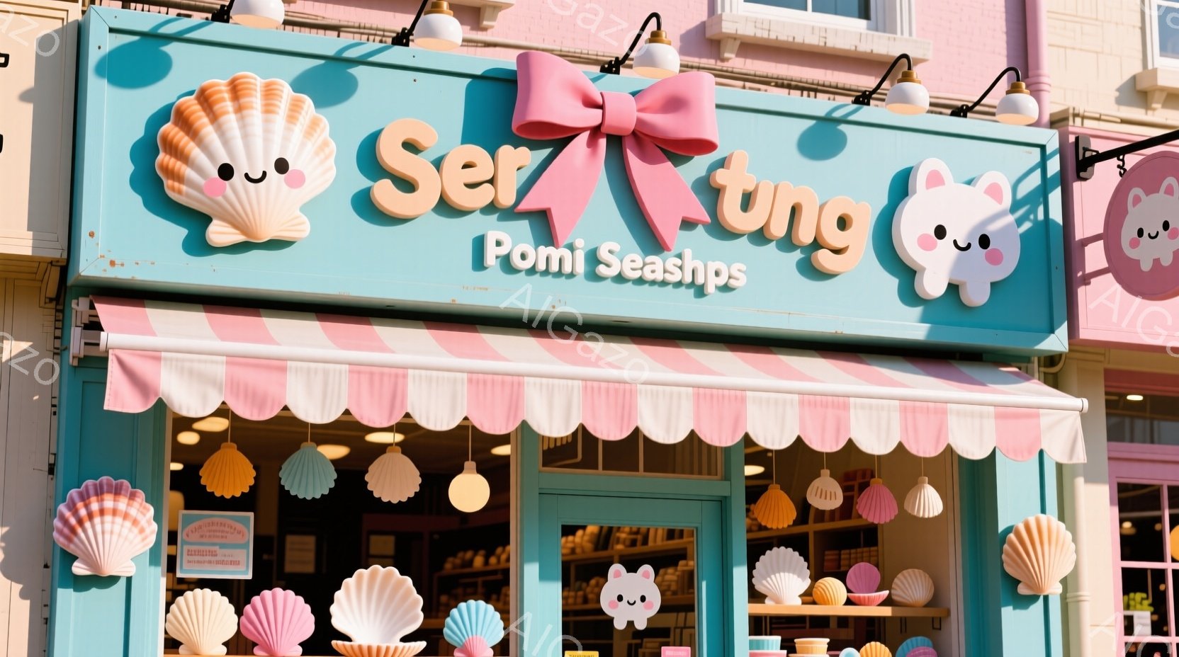 明るい水色の店構えに、ピンクと白のストライプのオーニングが取り付けられています。可愛らしい貝殻のモチーフと「Ser」と書かれた文字が飾られ、店名「Ser Pom」が強調されています。全体的にパステルカラーで統一されており、可愛らしく、まるで海辺のキャンディショップのような雰囲気です。