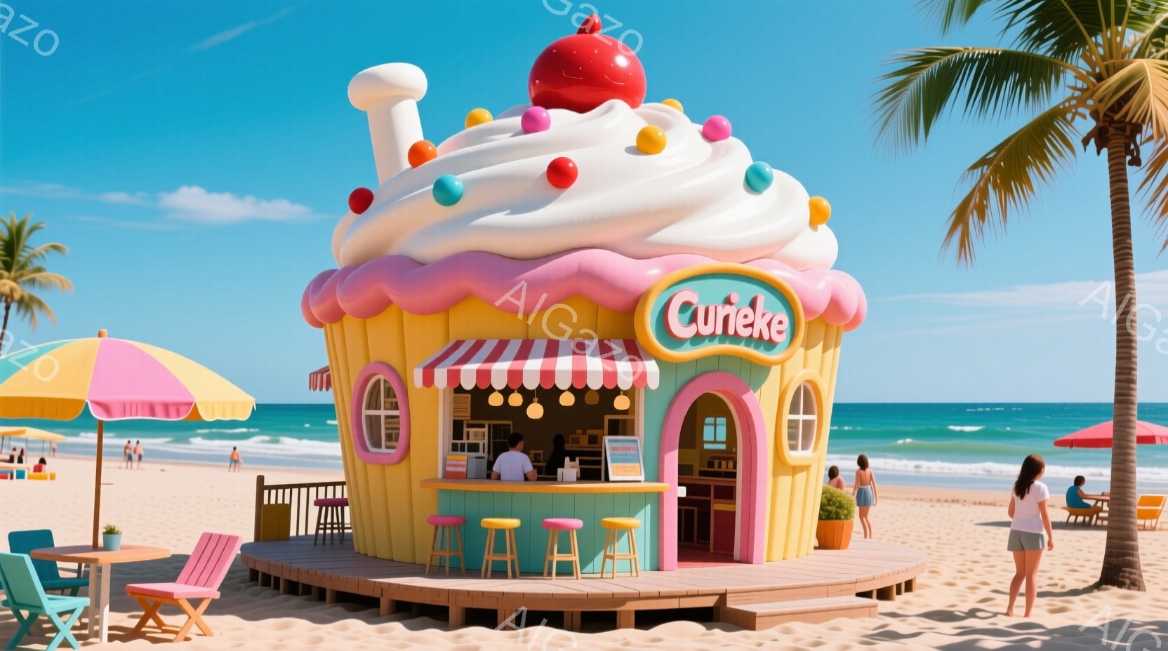 砂浜に建てられた、巨大なカップケーキを模した可愛らしい店が印象的な風景です。青い空の下、ターコイズブルーの海が広がり、パラソルと日光浴を楽しむ人々が見られます。店はピンクとクリーム色を基調としており、 - AI生成フリー素材