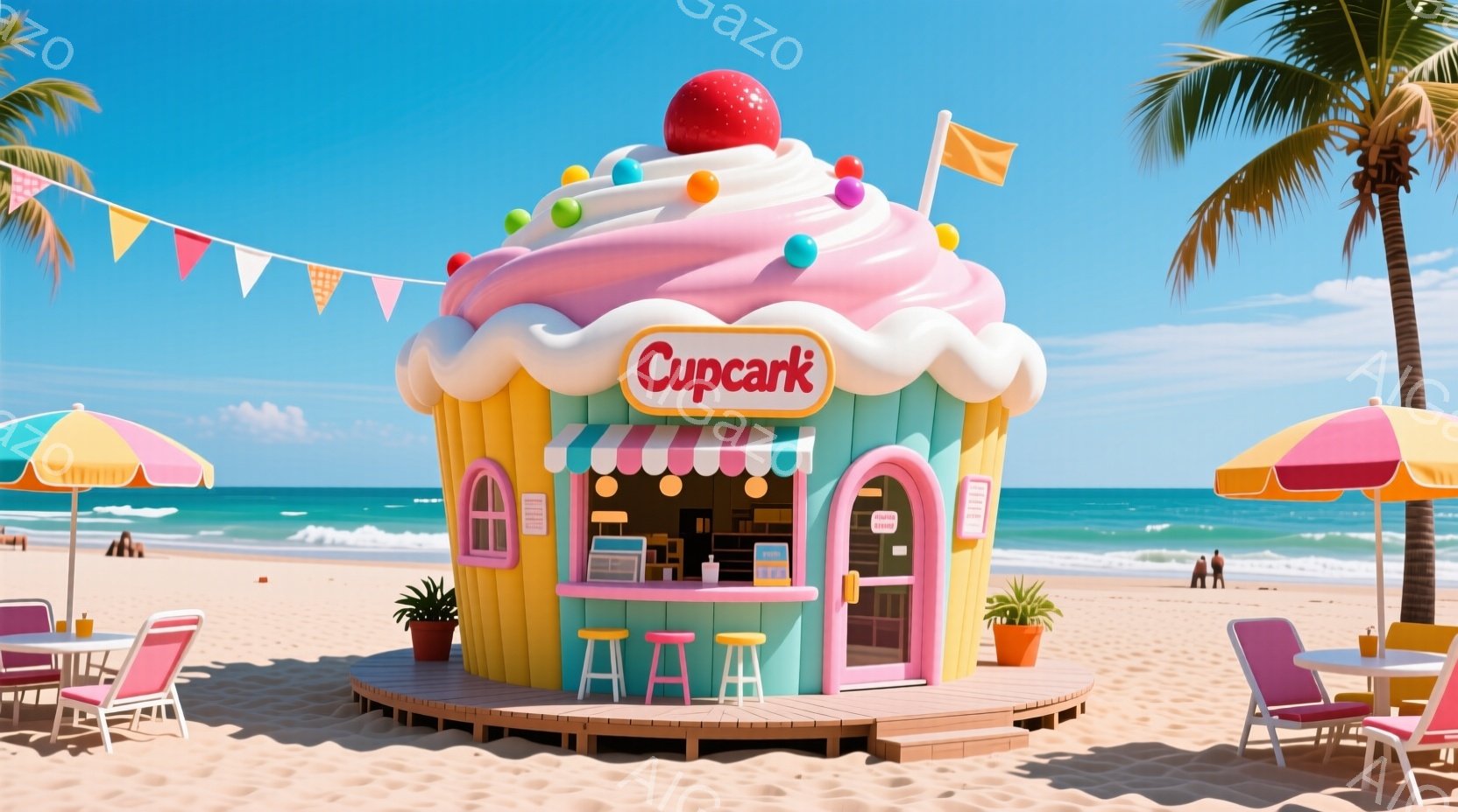 ビーチに設置された巨大なカップケーキ型の売店を描いています。明るいピンクと黄色のストライプの傘、青いレジャーチェア、そして背景には穏やかな青い海とヤシの木が見え、夏の陽気な雰囲気が漂っています。カップ - AI生成フリー素材