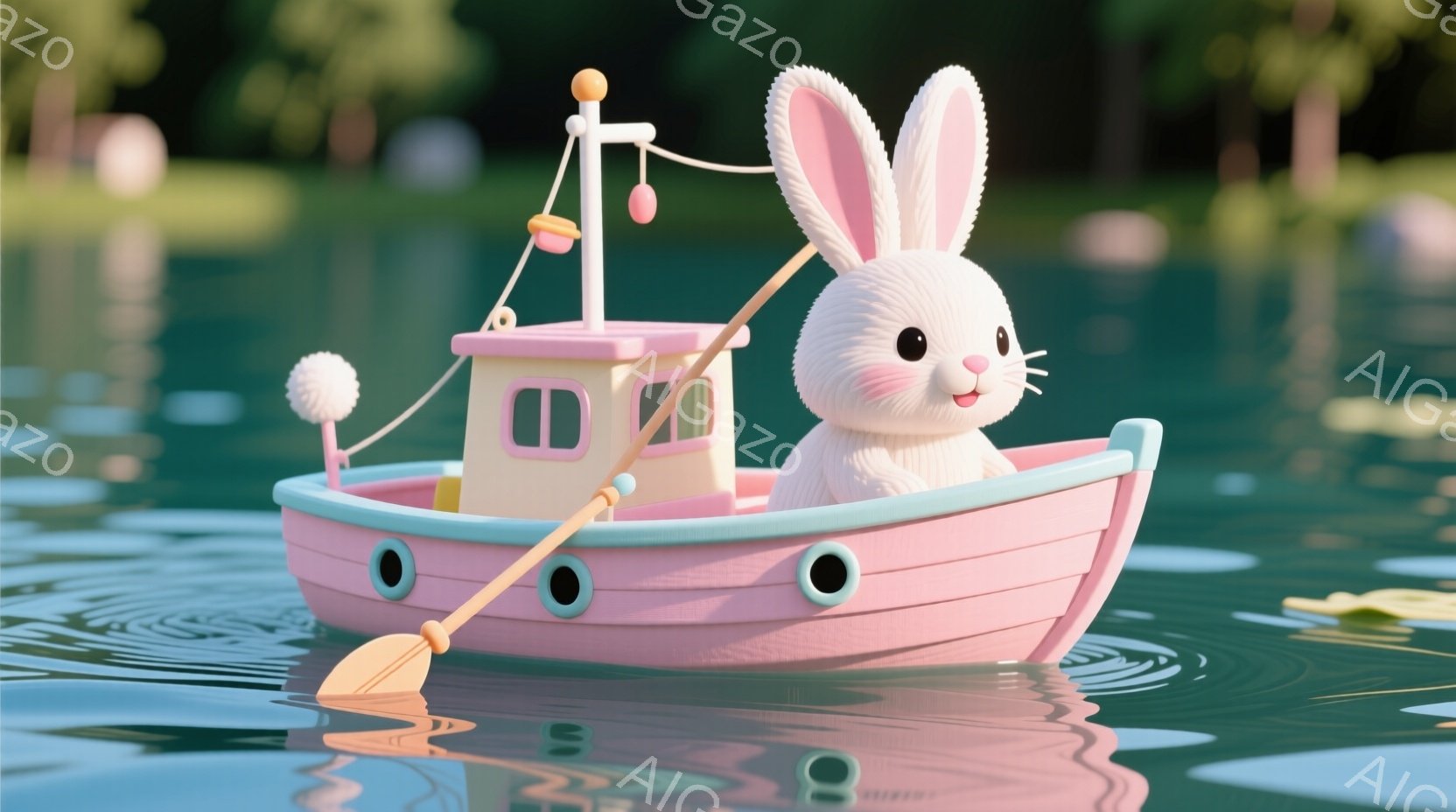 ふわふわの白いウサギが、ピンク色の小さなボートをオールで漕いでいます。ウサギは嬉しそうな表情で、つぶらな瞳が可愛らしいです。背景には緑豊かな自然が広がり、穏やかな水面が平和な雰囲気を醸し出しています。