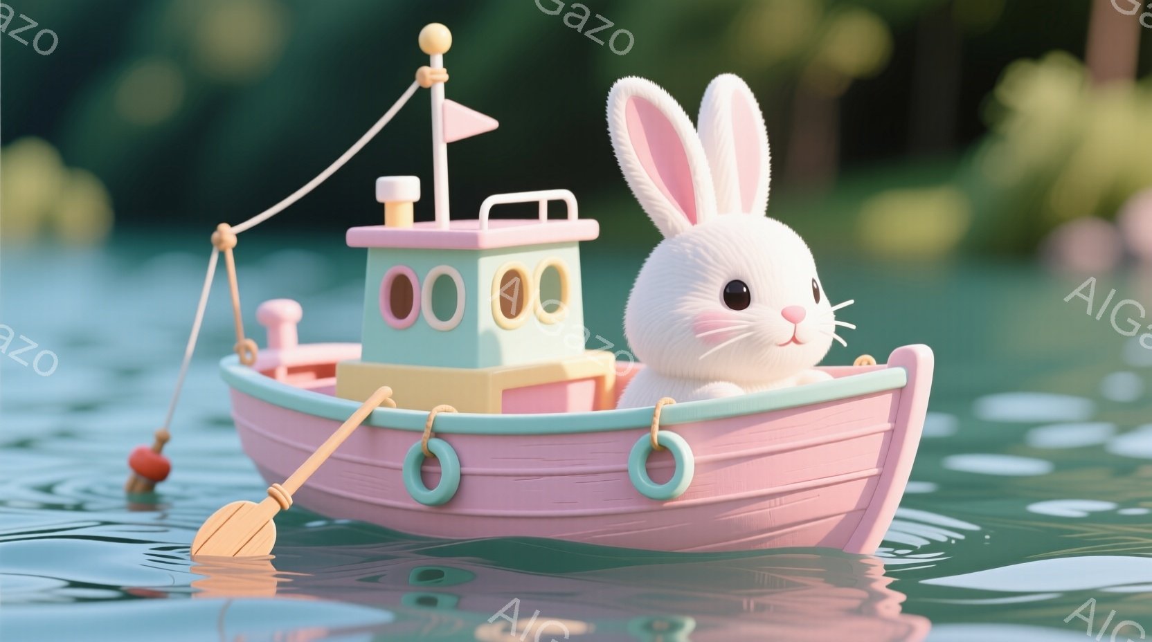 白いウサギがピンク色の小さなボートに乗って水面を漂っている。ウサギは丸くてふわふわしており、大きな耳が特徴的で、嬉しそうな表情をしている。背景は緑色の水面と空で、穏やかで夢のような雰囲気を醸し出してい - AI生成フリー素材