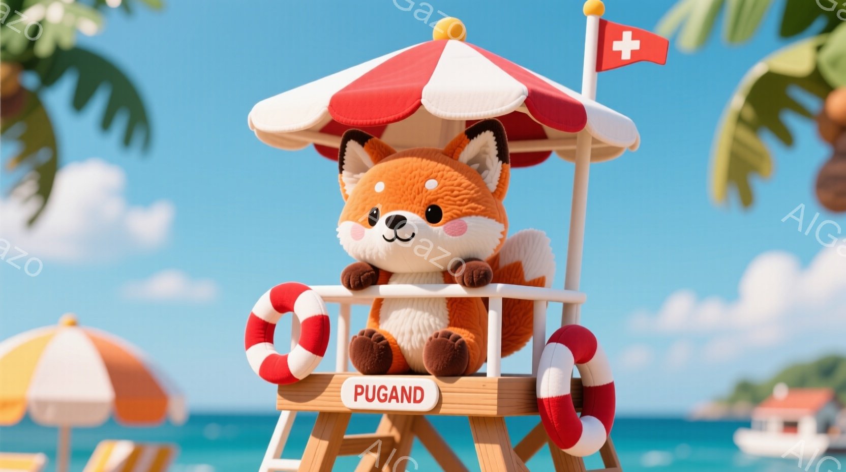 フクロウを模したプラスチックキーチェインの商品と思われます。キーチェインには、赤茶色の毛並みがあり、優しい表情が描かれています。フクロウは鉤状の爪を持ち、足で腰を支えていることが見えます。 キーチェインは木製のパイロットストールに座っており、その前に赤白の傘が立っています。スタンドには「プグラ」と書かれた横幅のバサボンがあり、その前には背景に空と水面が見えるパイルビーチ風の場所が表されています。 全体的な雰囲気は、リゾートや休日の雰囲気を感じさせます。