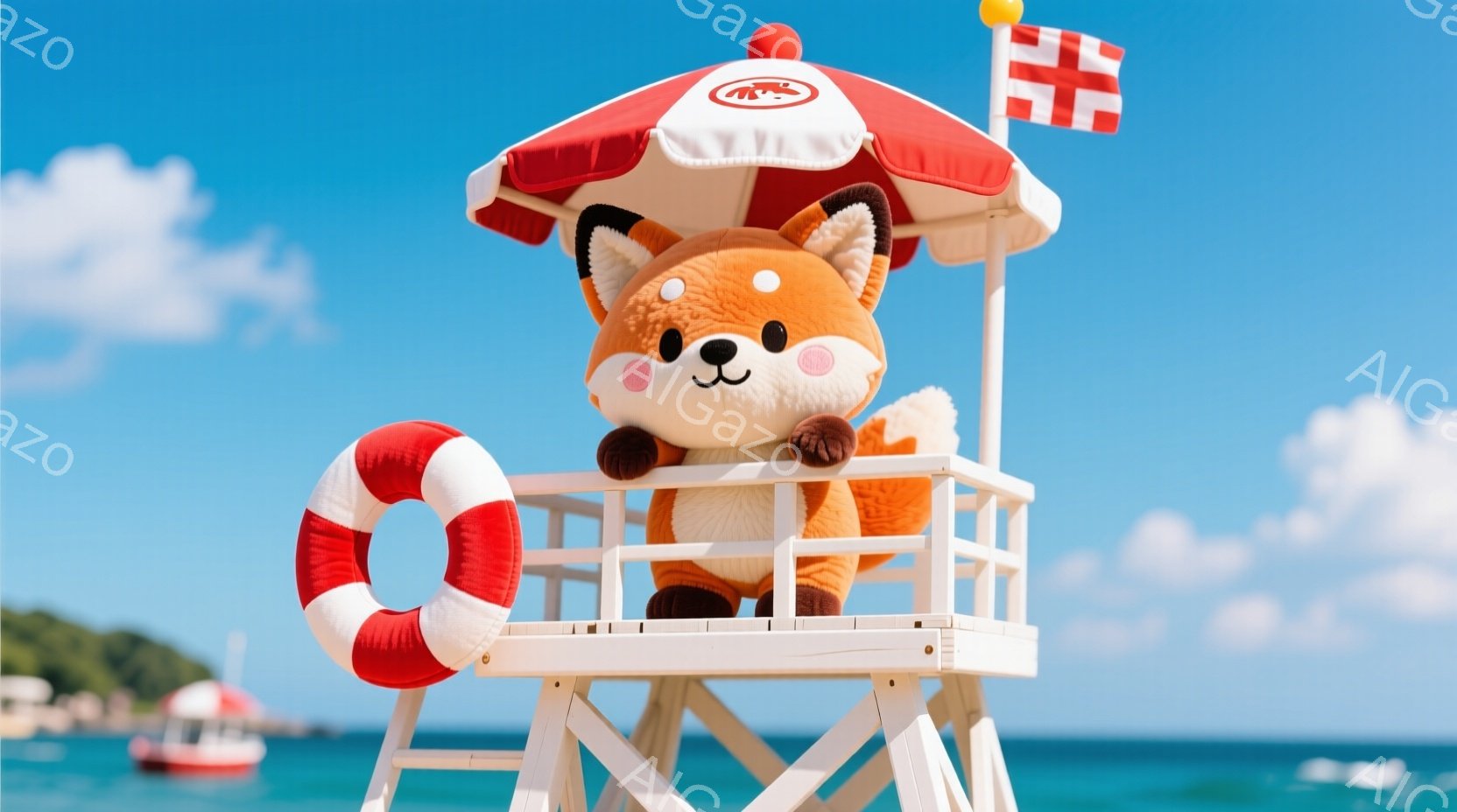 白い監視台に、ふわふわのオレンジ色のキツネのぬいぐるみが座っています。キツネは微笑んでおり、頭上には赤い縞模様のパラソルと旗が掲げられています。背景には青い海、白い砂浜、そしてボートが見え、晴れた空が - AI生成フリー素材
