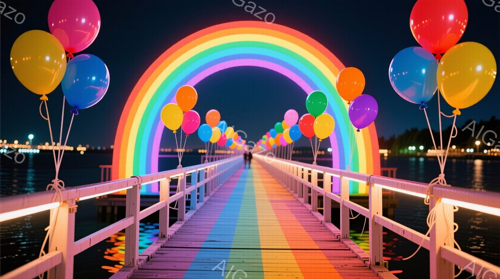 長い桟橋が虹色のバルーンアーチで飾られており、まるで夢のような光景を作り出しています。水面は穏やかで暗く、遠くにはぼんやりと海岸線が見え、静かで幻想的な雰囲気を醸し出しています。虹色の光が水面に反射し、ロマンチックで特別な空間を作り出しています。