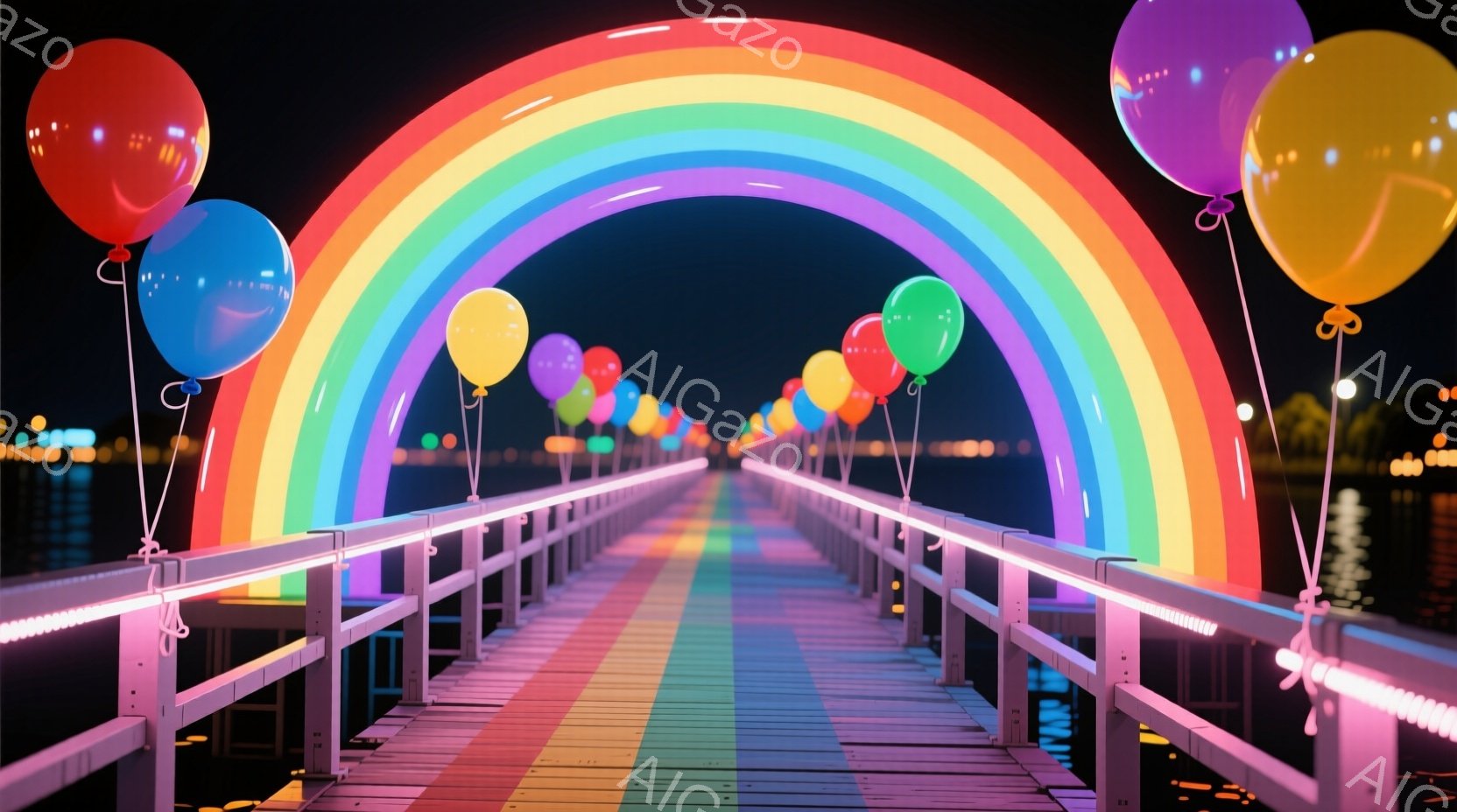 長い木の桟橋が、虹色に輝くアーチ状の装飾で飾られています。カラフルな風船が虹の曲線に沿って並び、夜の暗闇の中で桟橋全体が鮮やかな光を放っています。穏やかな水面と遠くのぼんやりとした光が、幻想的で夢のような雰囲気を醸し出しています。