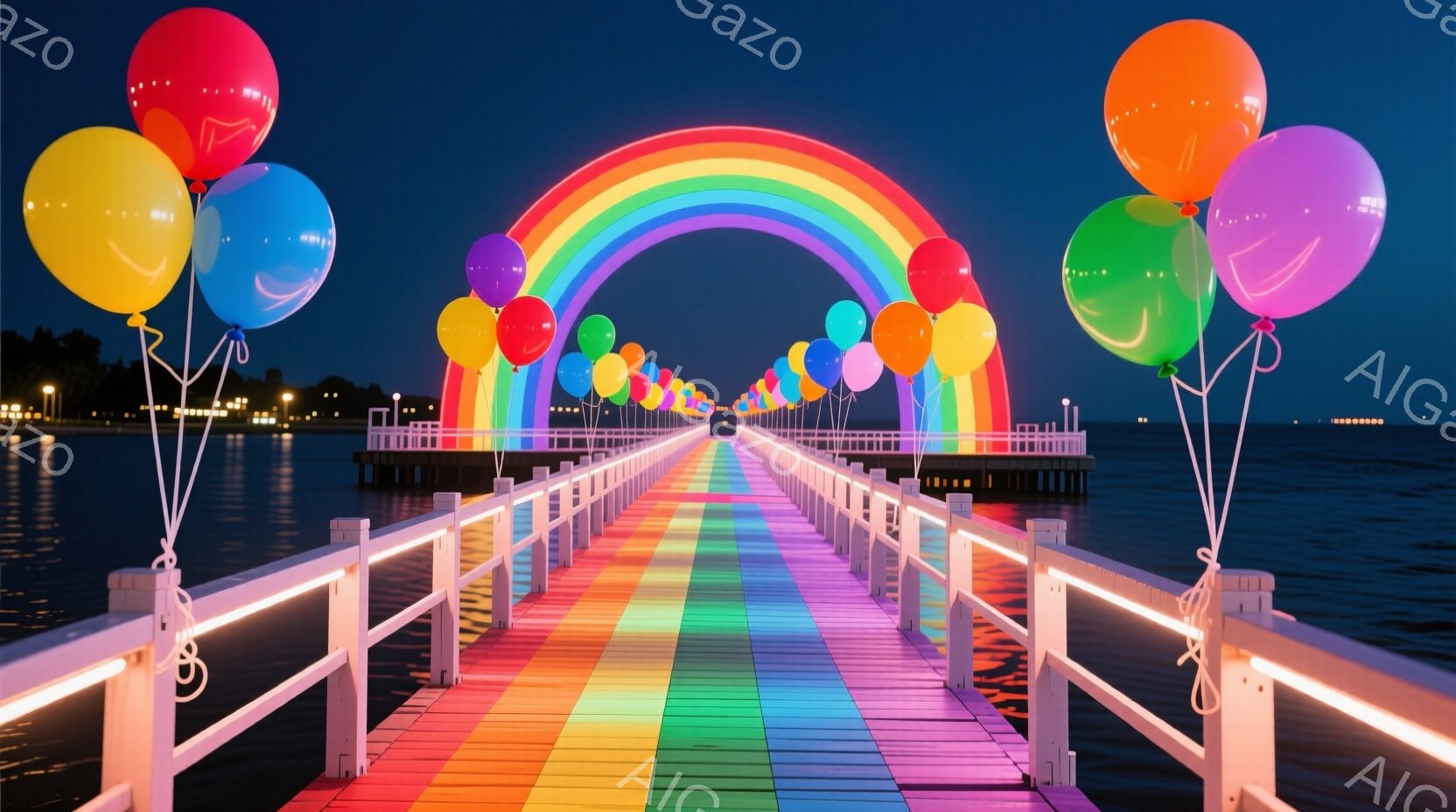 鮮やかな虹色の光が、桟橋全体を彩る幻想的な光景が広がっている。桟橋の両側には色とりどりの風船が並び、夜の海に浮かぶ桟橋をさらに華やかに演出している。背景には、遠くの街の灯りと静かな海が広がり、穏やかで夢のような雰囲気を醸し出している。