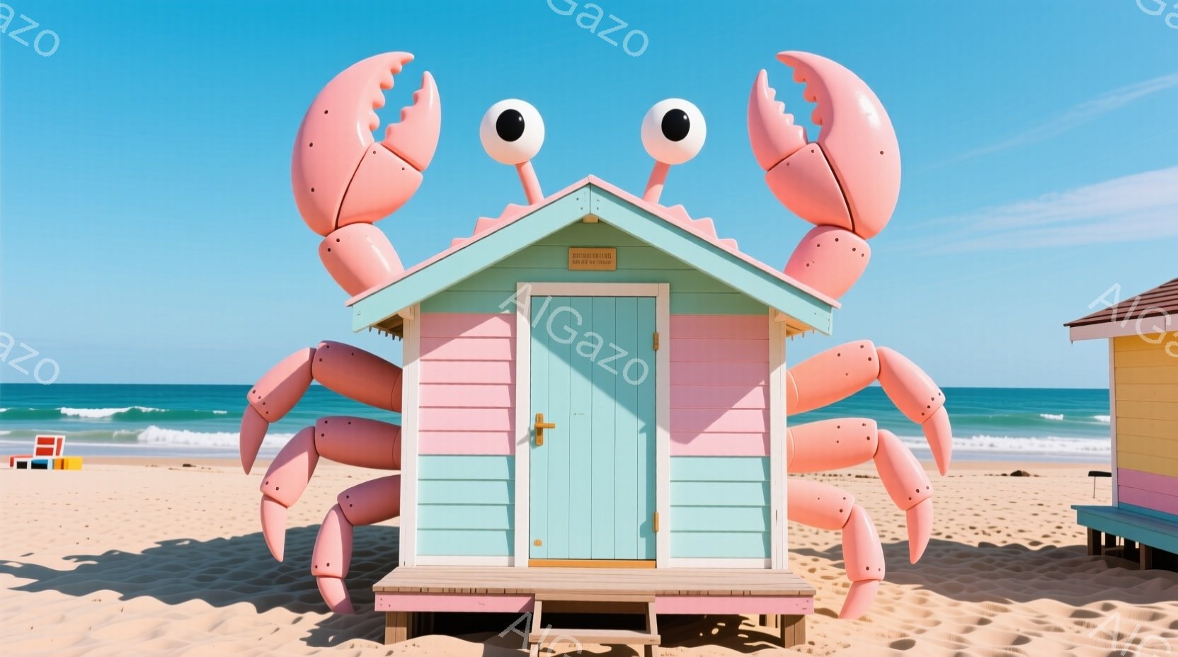 砂浜に立つ、可愛らしいカニを模した小屋が印象的な画像です。水色の壁とピンク色の屋根を持ち、大きなハサミと目、そして足が取り付けられています。背景には穏やかな海と青い空が広がり、晴れた日のビーチの楽しい - AI生成フリー素材