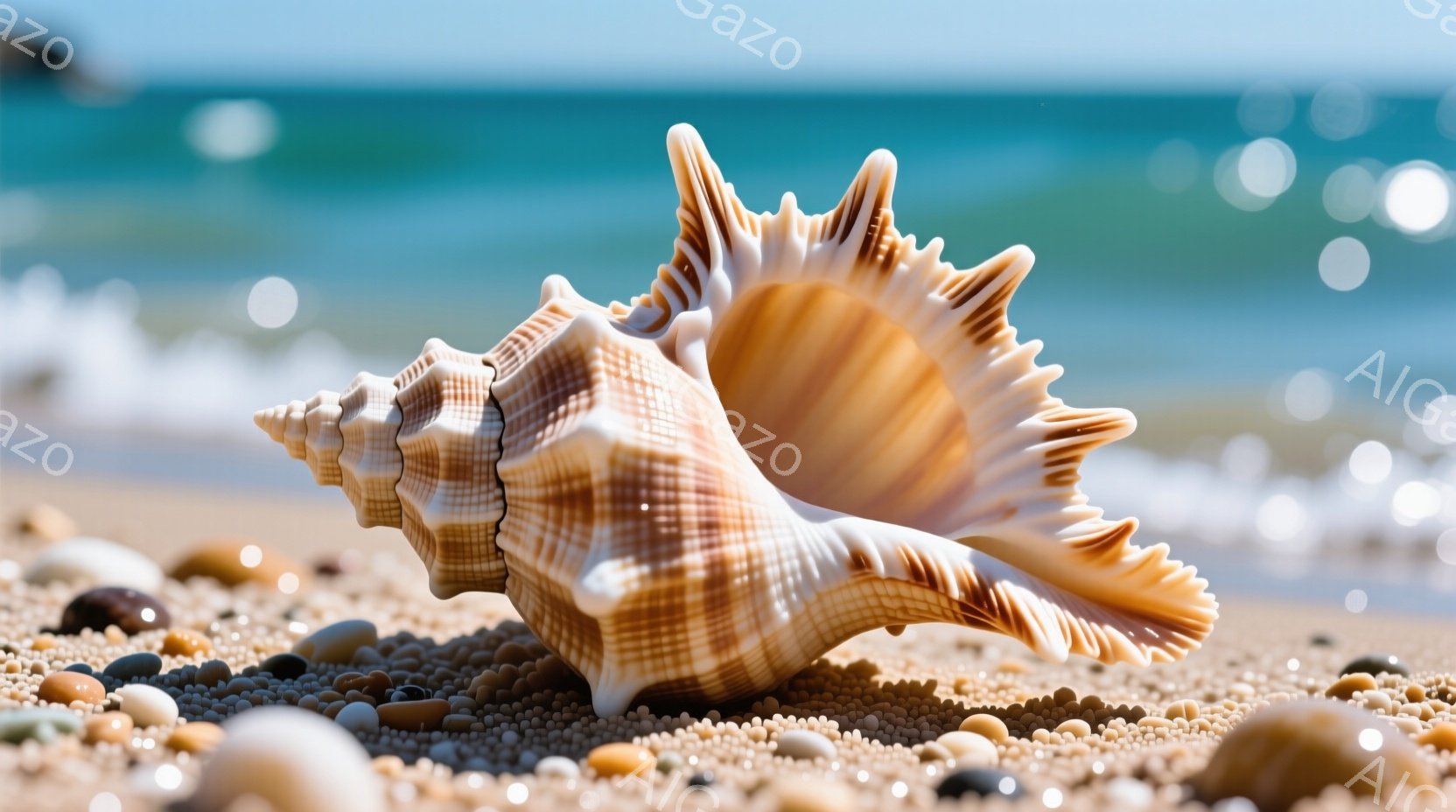 砂浜の上に、美しい巻き貝が置かれている。貝殻はクリーム色と茶色の縞模様で、表面には細かい隆起があり、太陽光に照らされて輝いている。背景には、ぼやけた青い海と砂が広がり、穏やかで静かな雰囲気を醸し出して - AI生成フリー素材