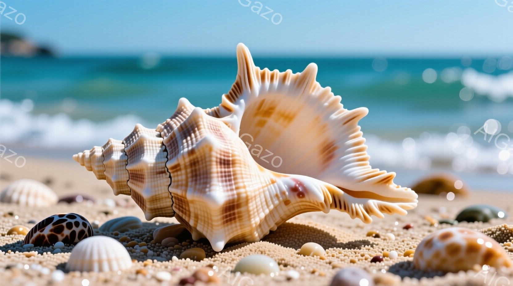 砂浜に様々な貝殻が散らばっており、その中に特に大きな巻貝が目立っている。巻貝は白と茶色の縞模様で、まるで彫刻のような美しいフォルムをしている。背景には穏やかな青い海が広がり、晴れた日ののどかな海辺の雰 - AI生成フリー素材