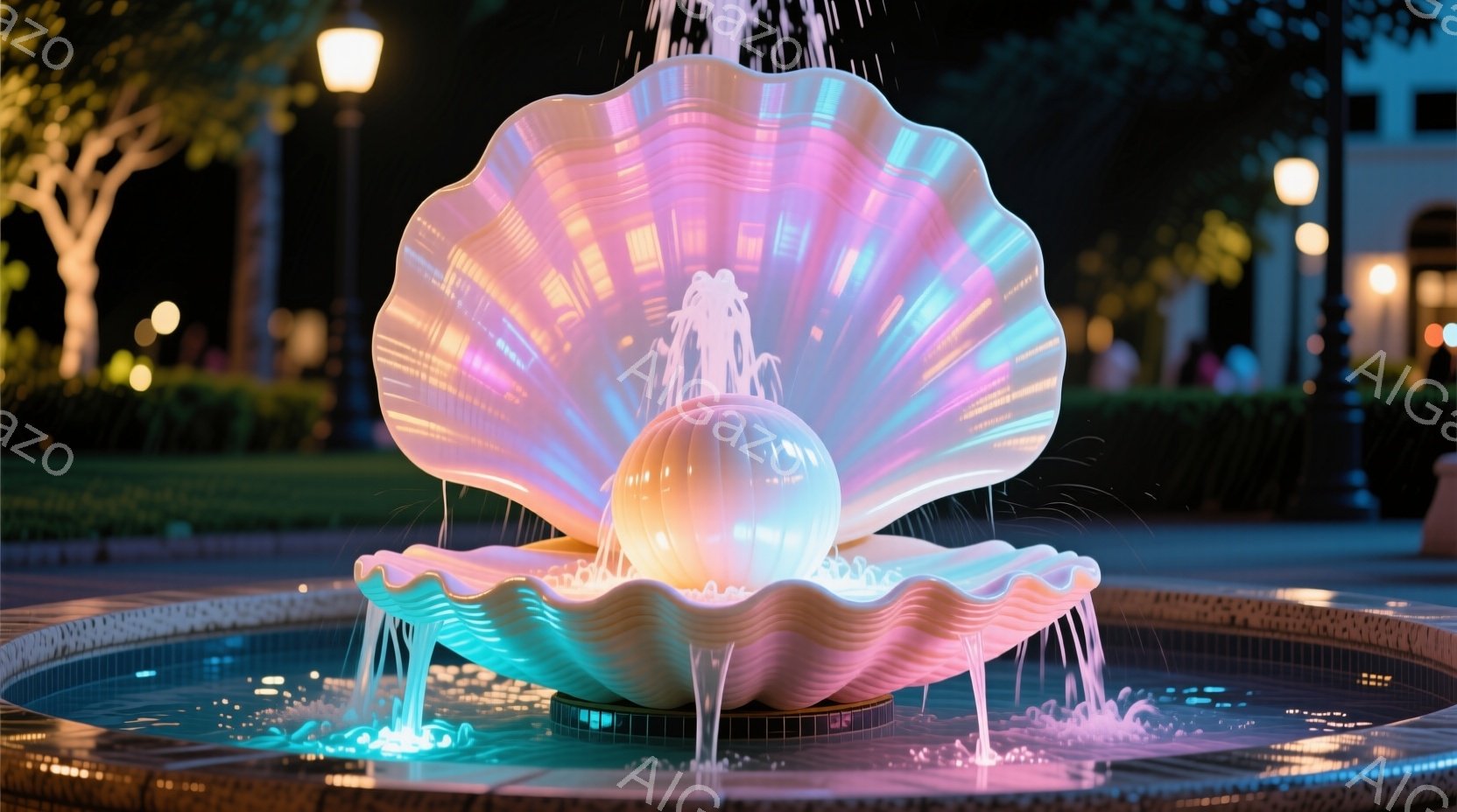 夜間に撮影されたこの画像は、貝殻を模した壮大な噴水を示しています。虹色に輝く噴水は、水が流れ落ちる様子が美しく、周囲の緑豊かな木々や建物を照らし出しています。夜空の下、幻想的で平和な雰囲気が漂っていま - AI生成フリー素材