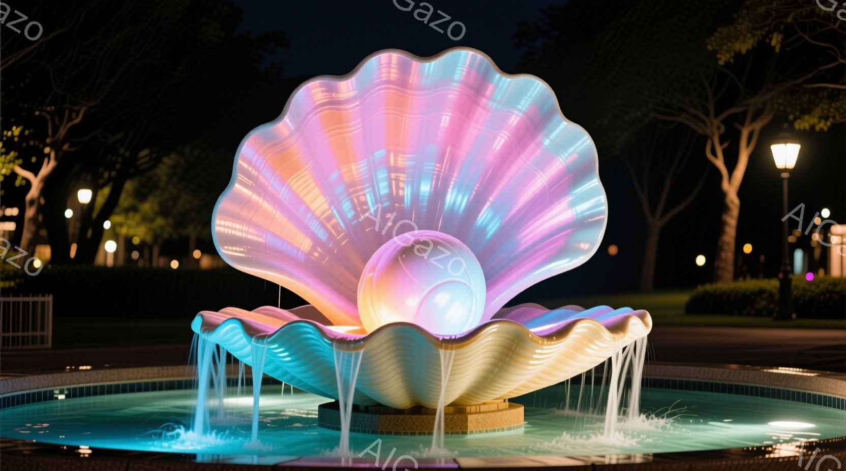夜間の公園に設置された巨大な貝殻の噴水が印象的な光を放っている。貝殻は内側からピンク、紫、白、青と色が変化し、水が滝のように流れ落ちている。背景には暗い緑の木々とぼんやりとした街灯が見え、幻想的な雰囲 - AI生成フリー素材