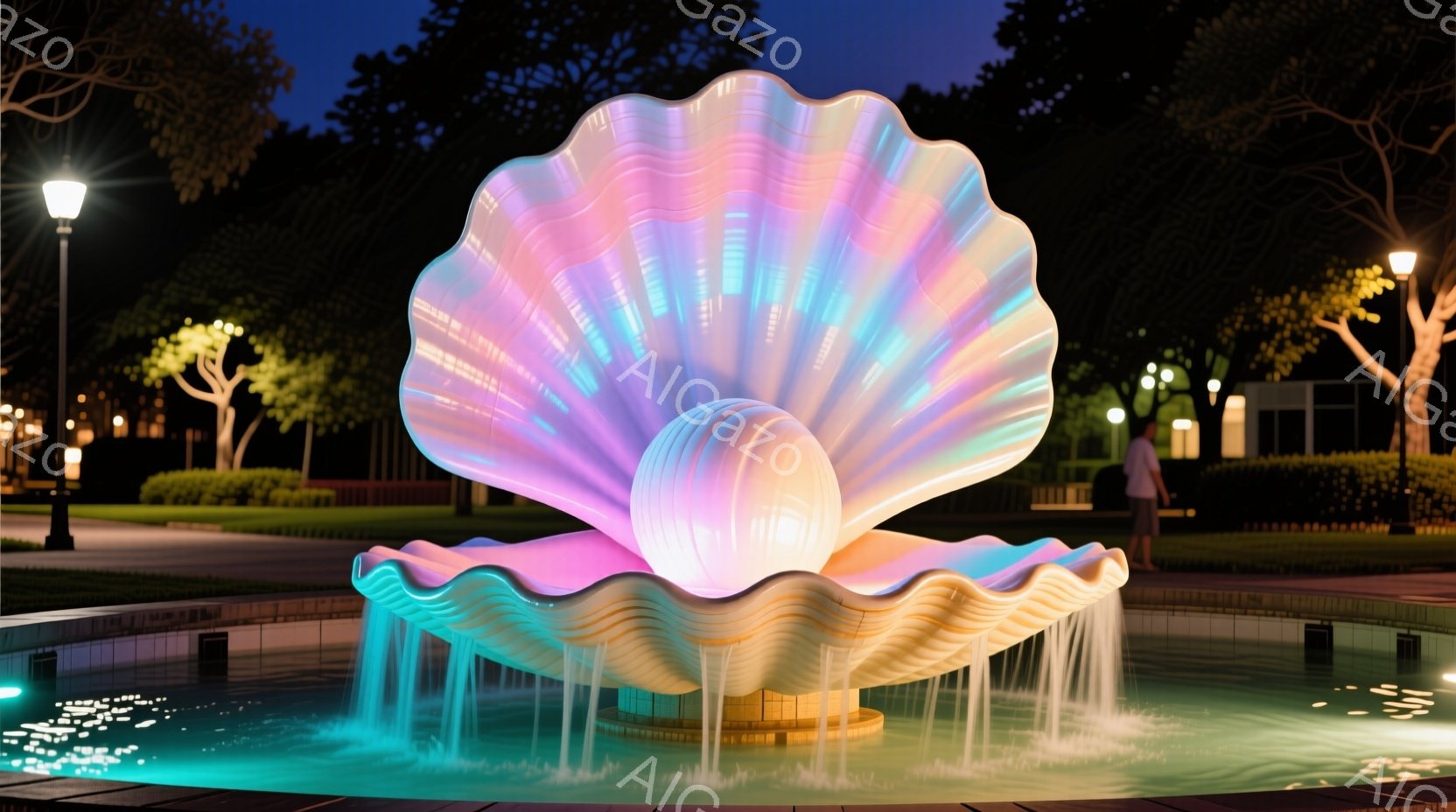 夜間の公園に、巨大な真珠のような噴水が設置されています。真珠の表面は虹色に輝き、水が内側から流れ出ており、幻想的な雰囲気を醸し出しています。背景には木々や建物が見え、夜空にはわずかな雲が浮かんでいます。