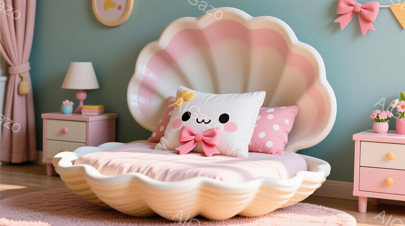 貝殻の形をした可愛らしいベッドが部屋の中央にあります。ピンクと白のドット柄のクッションがベッドの上に置かれ、柔らかいピンク色のベッドフレームと調和しています。背景には、淡いピンク色のナイトスタンドと、クリーム色のカーテンがあり、全体的に暖かく、夢のような雰囲気です。