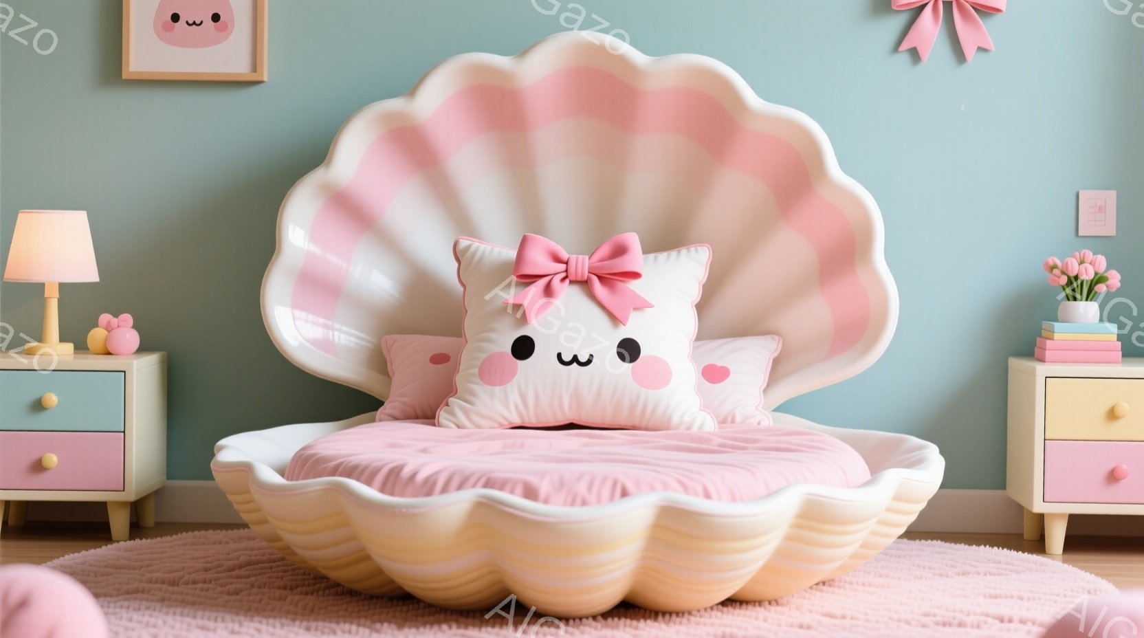 貝殻の形をした可愛らしいベッドが部屋の中央にあります。淡いピンクと白を基調とした部屋全体が、柔らかく優しい雰囲気を作り出しています。ベッドには白いリボンが付いたクッションが置かれ、左右にはパステルカラ - AI生成フリー素材
