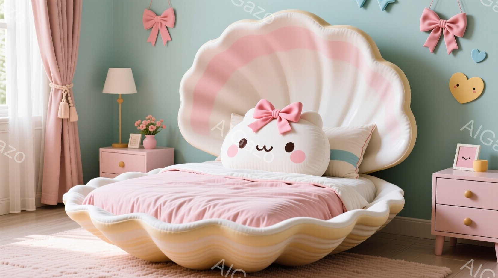 柔らかいピンクと白を基調とした子供部屋で、貝殻の形をしたベッドが印象的です。ベッドにはふわふわしたクッションが置かれ、サイドテーブルには可愛らしい花瓶とランプが飾られています。全体的にパステルカラーで - AI生成フリー素材