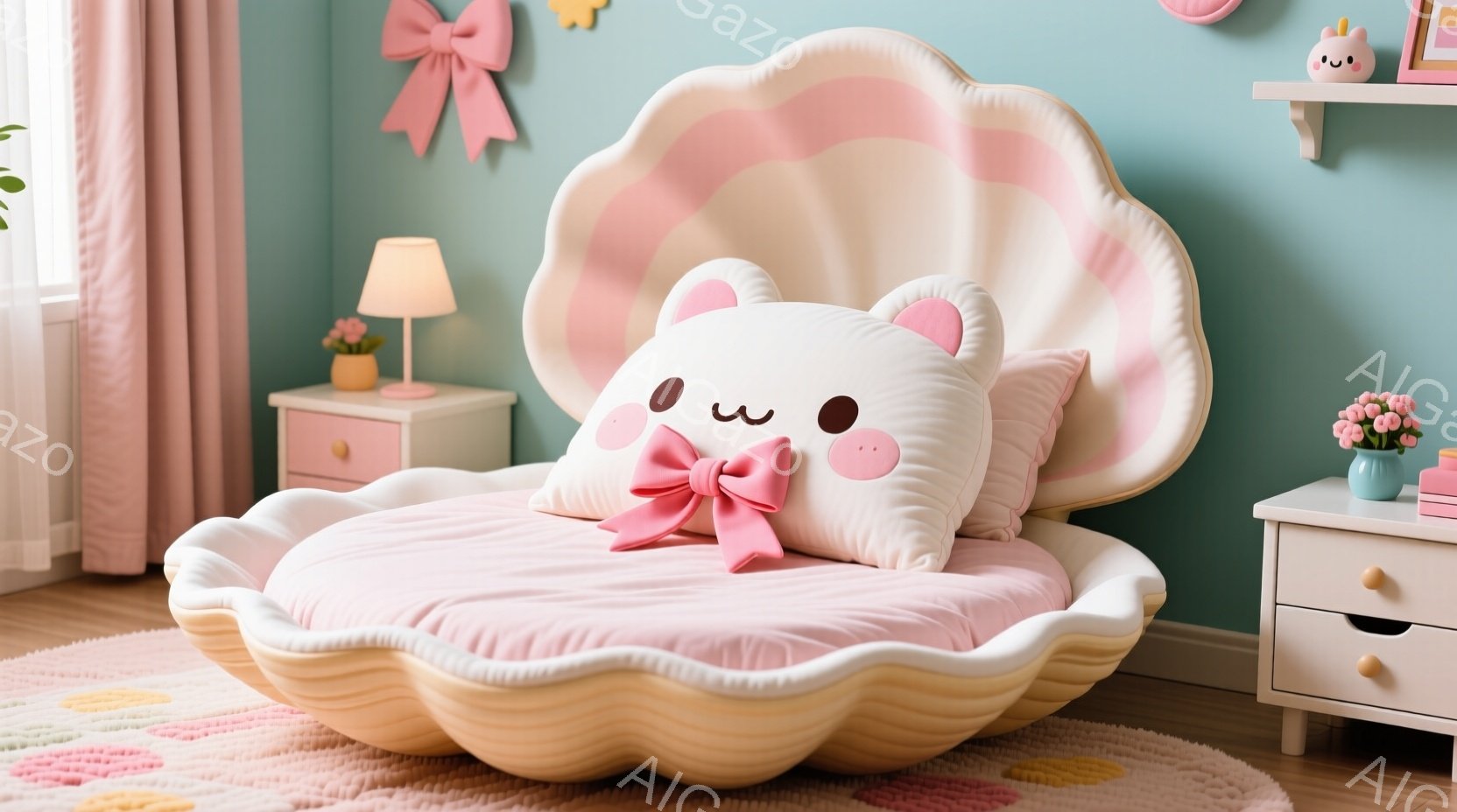 淡いピンクとクリーム色の貝殻をモチーフにした可愛らしいベッドが部屋の中央にあります。ベッドの上には、大きなリボンが付いた白いクッションが置かれ、柔らかい光が差し込む、穏やかで夢のような雰囲気が漂ってい - AI生成フリー素材