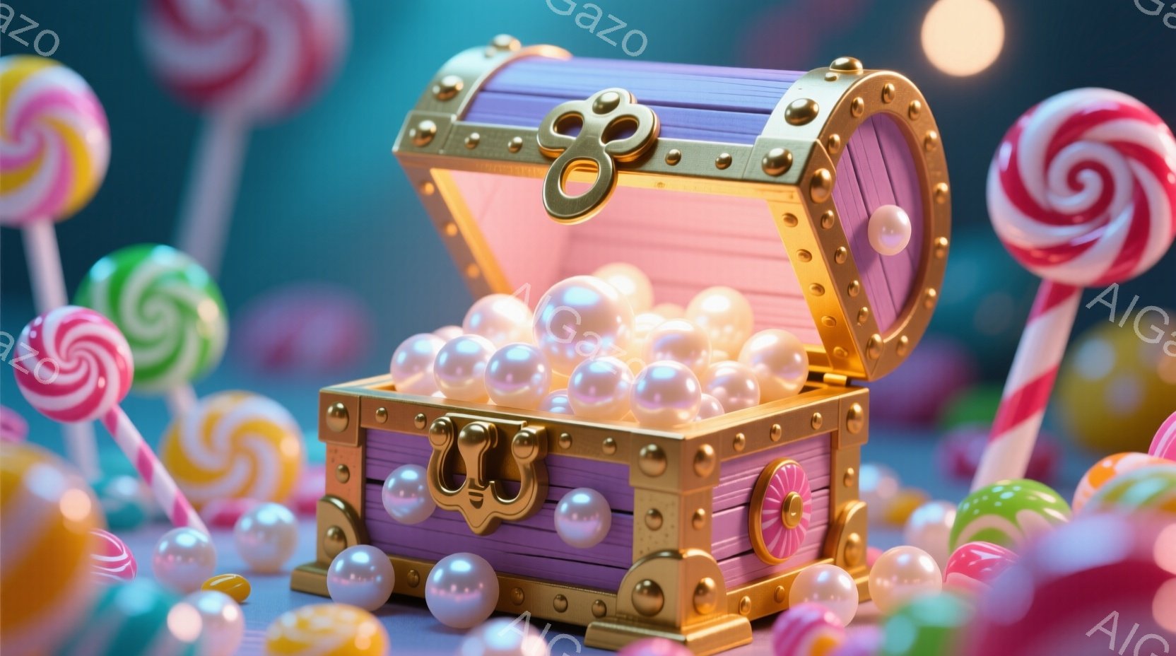 鮮やかなピンク色の宝箱が、真珠のような光沢のある球体で満たされています。背景には、様々な色の渦巻きキャンディが並び、夢のような甘い世界を表現しています。全体的に柔らかい光が差し込み、遊び心とファンタジ - AI生成フリー素材