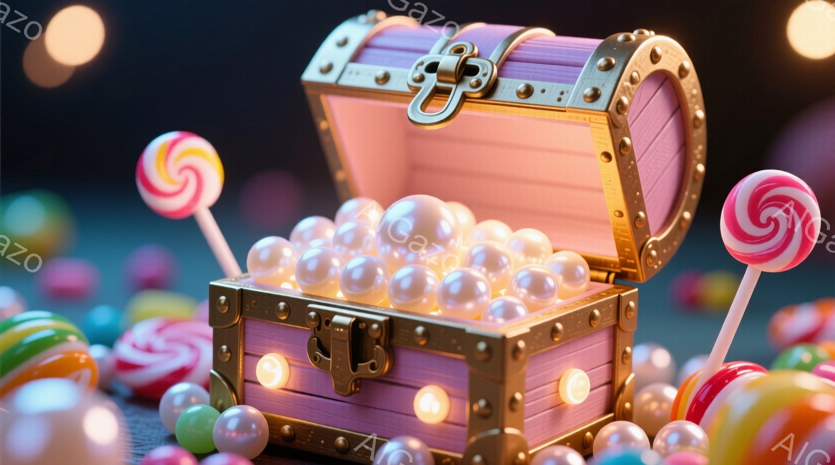 ピンク色の宝箱が開き、中に光り輝く白い球体が大量に詰まっています。周囲には様々な色のキャンディや小さな光が散りばめられ、夢のような甘い雰囲気を醸し出しています。背景は暗く、キャンディと宝箱の光が際立ち - AI生成フリー素材