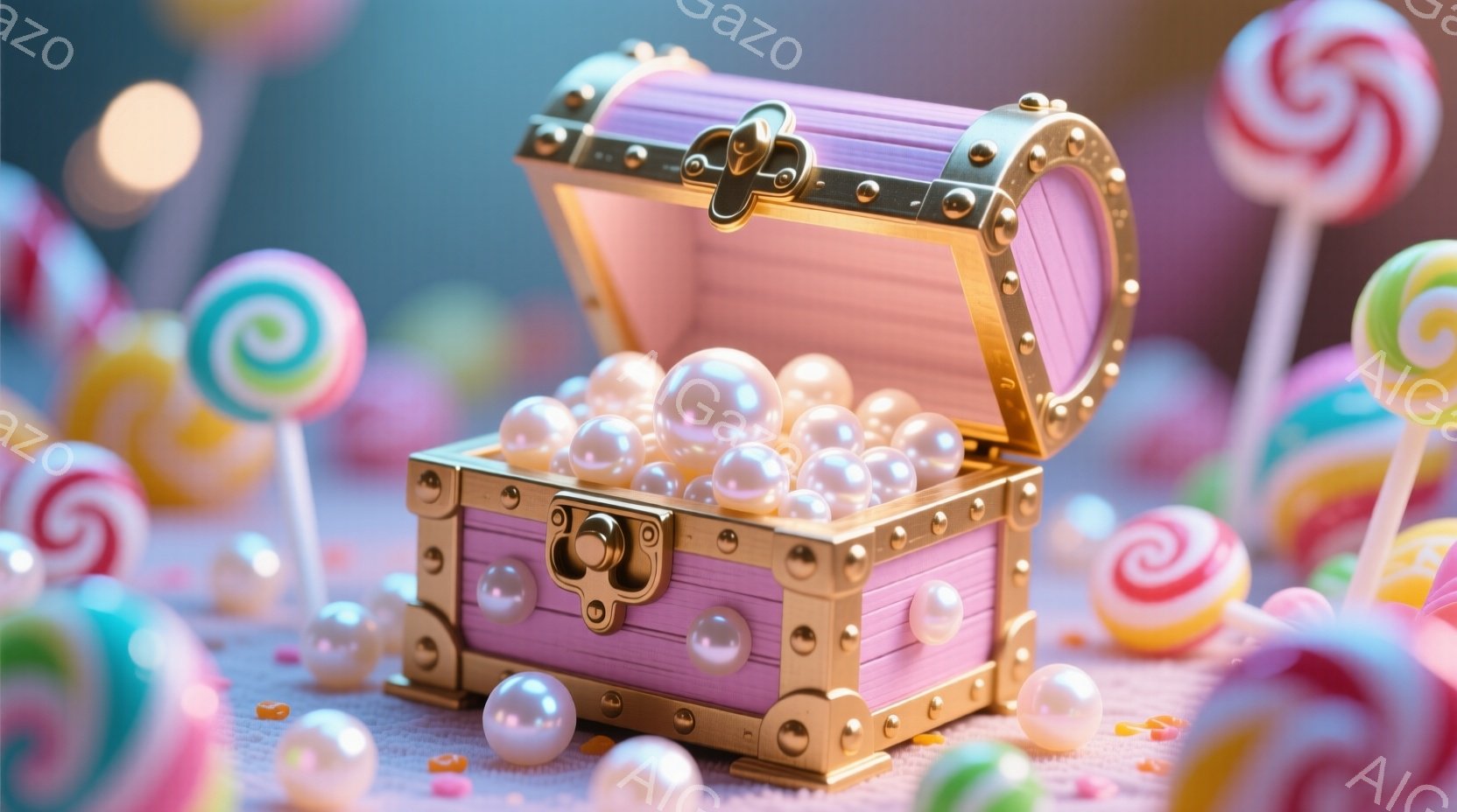 淡いピンク色の宝箱が、金色の装飾と共に開かれており、中には真珠のような光沢のある球体がぎっしりと詰まっています。箱の周囲には、色とりどりの渦巻き状のキャンディーが散らばり、柔らかいピンク色の背景が全体を包み込んでいます。夢のような、甘くて幸福な雰囲気が漂う、可愛らしいイメージです。