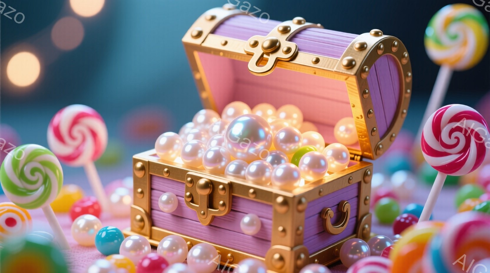 明るいピンク色の宝箱が、光り輝く真珠のような球体で満たされています。周囲には、様々な色のキャンディが散りばめられ、背景にはぼやけた光の玉が点在しています。全体的に、夢のようなお菓子と宝物が溢れる、ファンタジックで可愛らしい雰囲気です。