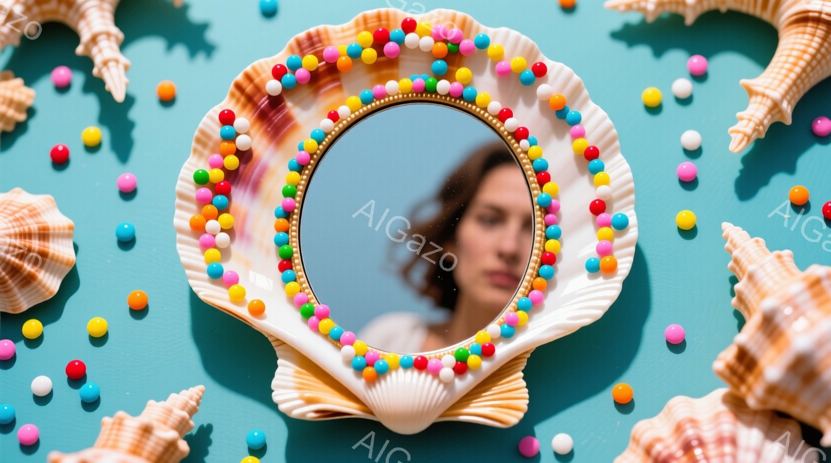 白い巻き貝の殻にカラフルなビーズで飾られたフレームの中に、女性がぼんやりと映っています。彼女は白い服を着ており、表情は不明瞭ですが、何かに考え込んでいるような印象を与えます。背景はターコイズブルーで、貝殻や丸いカラフルな飾り玉が散りばめられており、夏の海辺のような、遊び心のある雰囲気を醸し出しています。
