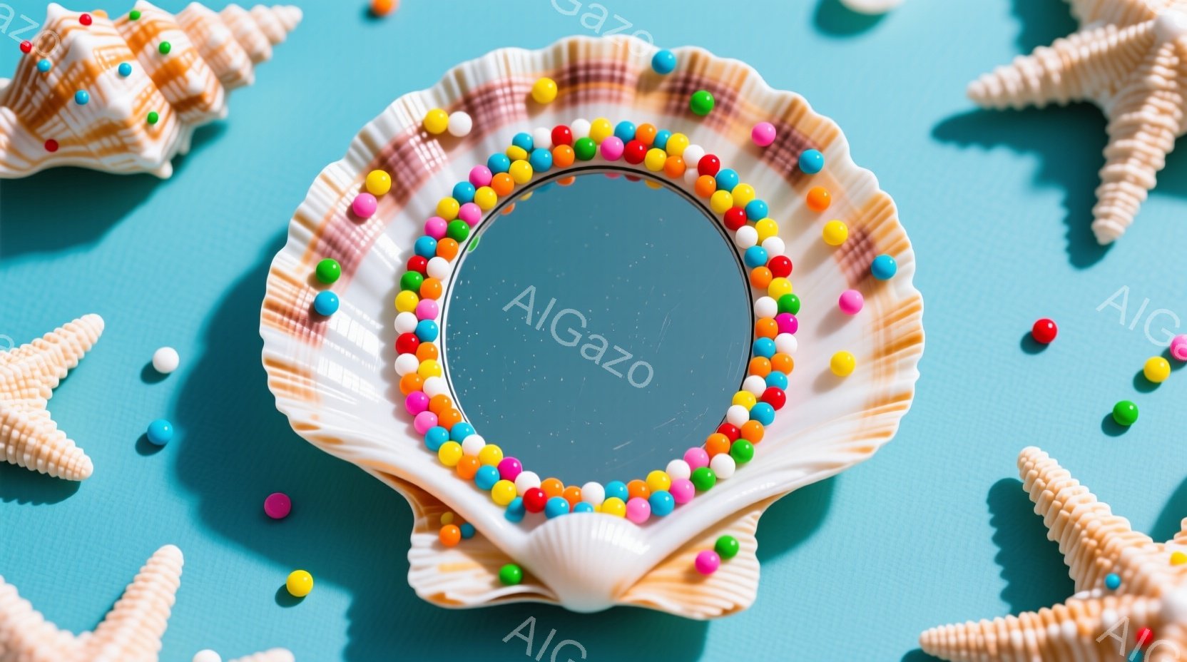 明るい水色の背景に、貝殻で作られたフレームが中央に配置されています。フレームは小さなカラフルなビーズで飾られ、その内側には反射する面が見えます。周囲には、同じく貝殻で作られた星形の装飾が散りばめられており、夏らしい、遊び心のある雰囲気を醸し出しています。