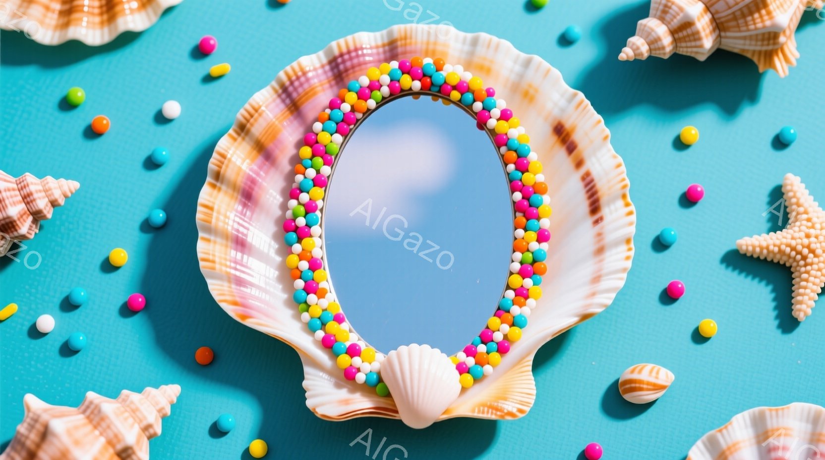 明るいターコイズブルーの背景に、貝殻で作られたフレームが配置されています。フレームは、さまざまな色の小さなビーズで縁取られており、中央には青空が映っています。周りには、貝殻やビーズが散りばめられており、夏らしい、リラックスした雰囲気を作り出しています。