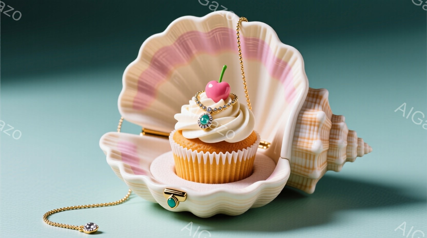 淡いピンク色の貝殻の形をしたお皿に、オレンジとクリーム色のカップケーキが乗っています。カップケーキの上には赤いチェリーが飾られ、金色のネックレスがその周りを優雅に巻いています。背景は明るい水色で、全体的に柔らかく夢幻的な雰囲気を醸し出しています。