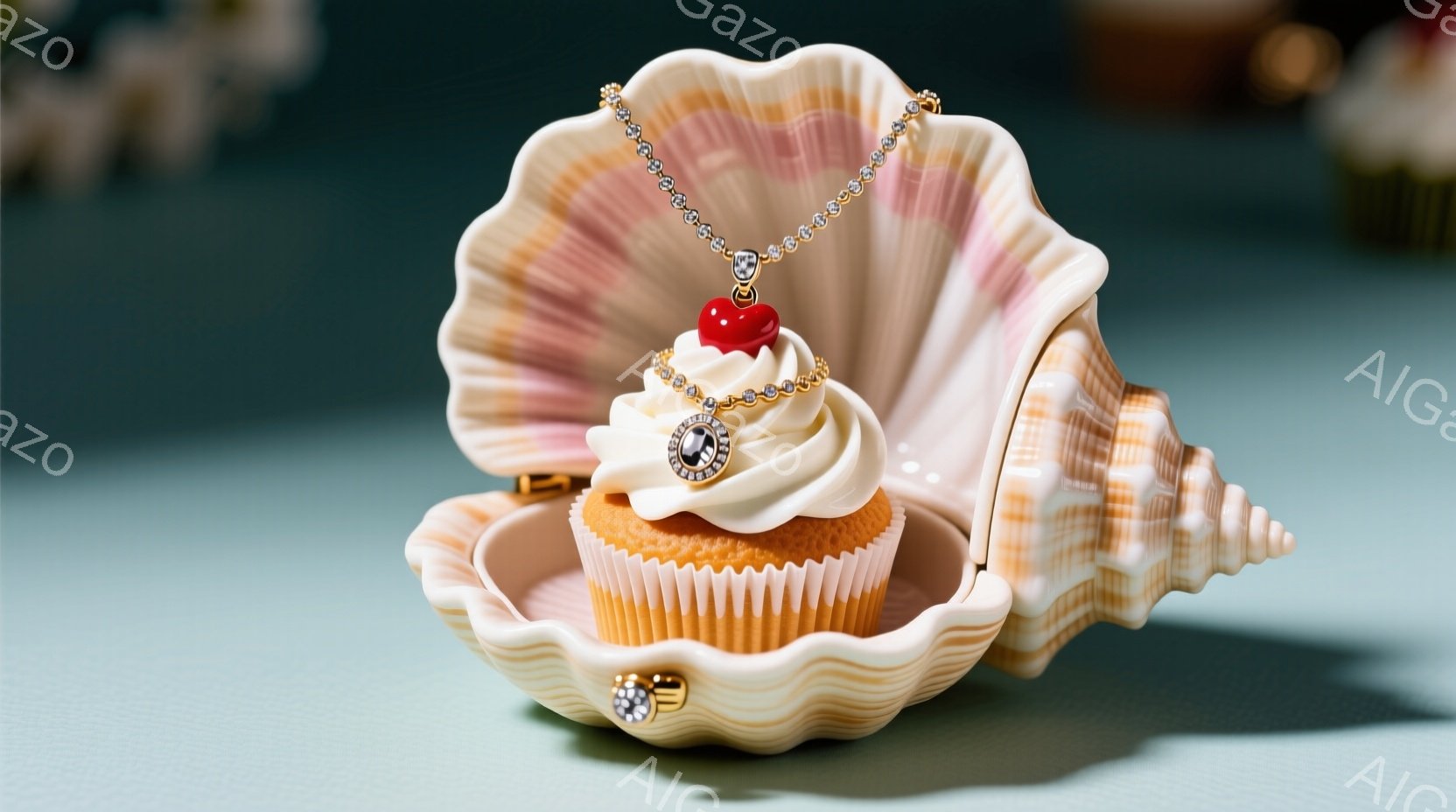 鮮やかなターコイズブルーの背景に、クリームと赤いチェリーが飾られたカップケーキが、ピンク色の貝殻のような器に載せられています。カップケーキには金色のネックレスが巻き付けられ、全体的に甘く華やかな雰囲気を醸し出しています。背景にはぼやけた他のカップケーキが見え、夢のような世界観を演出しています。