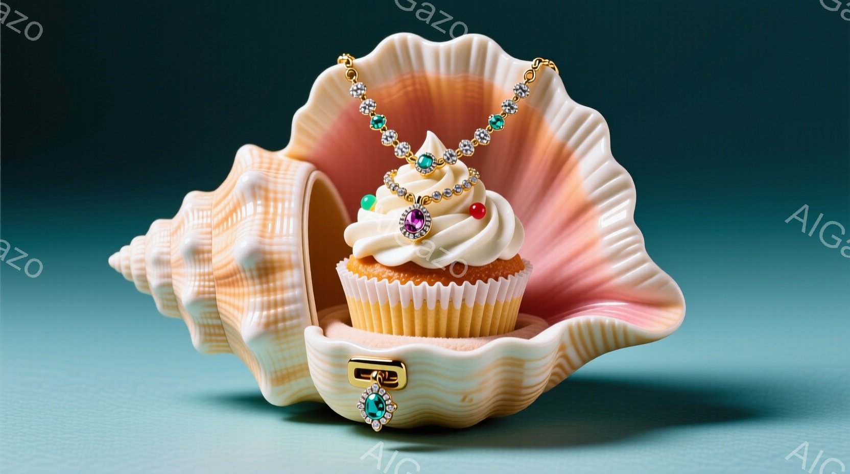 大きなピンクとオレンジの巻き貝の中に、クリームと赤い宝石のようなトッピングが乗ったカップケーキが置かれています。カップケーキの周りには、ターコイズとゴールドの宝石が散りばめられたネックレスが配置され、豪華さを演出しています。背景は淡い水色で、全体的に夢幻的で上品な雰囲気を醸し出しています。