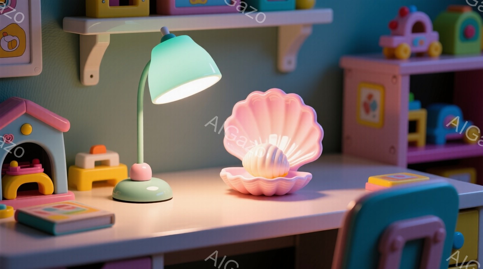明るいピンクと水色の子供部屋の一角が描かれています。机の上には、優しい光を放つ貝殻の形をした照明と、子供向けの小さな玩具や本が置かれています。全体的に柔らかい色合いで、暖かく遊び心のある雰囲気が漂っています。