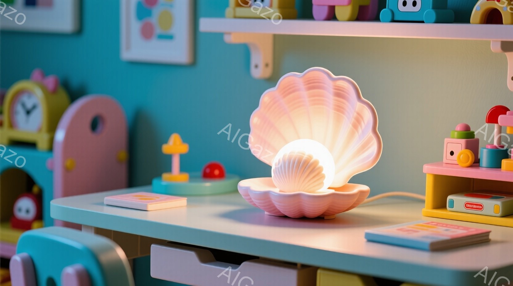 柔らかいピンク色の背景に、クリーム色のテーブルの上に貝殻型のライトが置かれています。テーブルの上には、ミニチュアの積み木や小さな置物、そして小さな本があり、子供部屋の温かく遊び心のある雰囲気を醸し出し - AI生成フリー素材