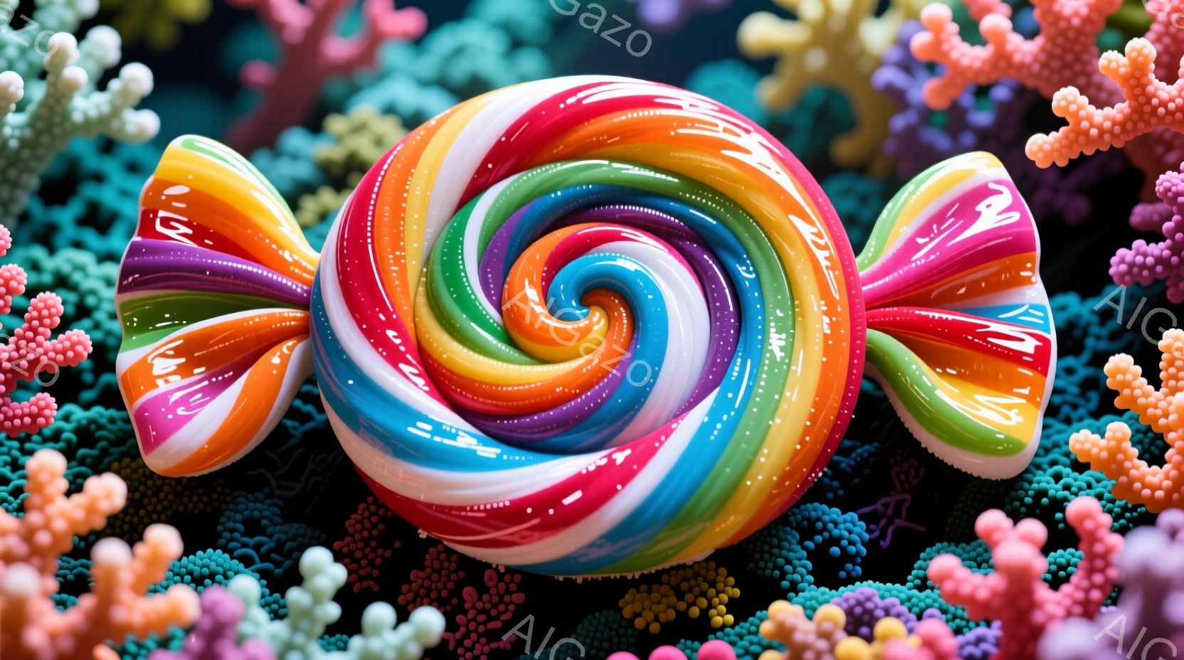 カラフルな渦巻きキャンディが画像の中央に配置されており、赤、オレンジ、黄色、緑、青、紫と鮮やかな色が層状に重なっています。キャンディの周りには、小さな球状の突起を持つ、サンゴのような鮮やかなピンクとオ - AI生成フリー素材