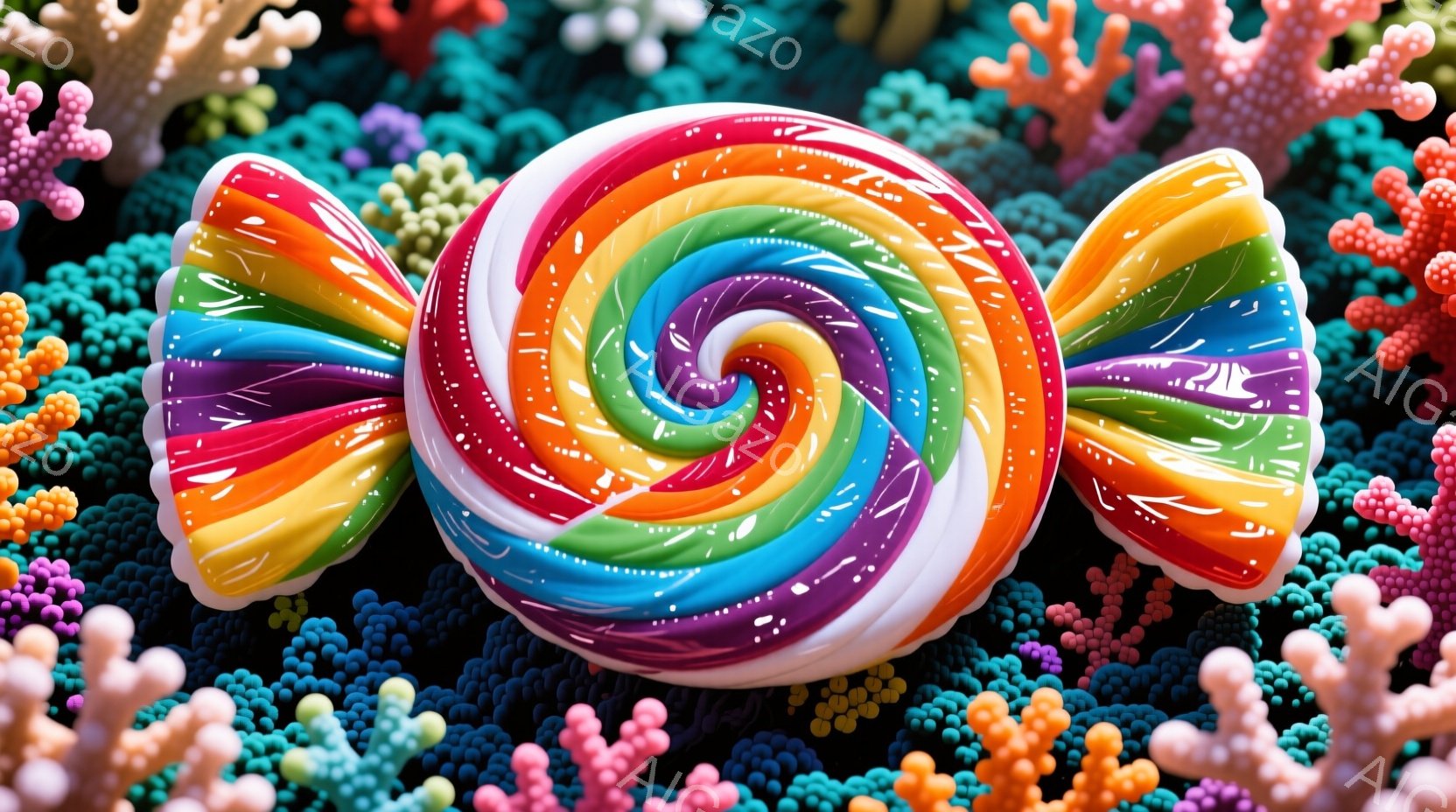 カラフルな渦巻き模様のキャンディが、鮮やかな珊瑚礁のような背景の中にあります。キャンディは赤、オレンジ、黄色、緑、青、紫といった様々な色が層になっており、白く輝く縁取りが特徴的です。背景は、大小様々な珊瑚の群生で覆われており、明るくポップな雰囲気を醸し出しています。