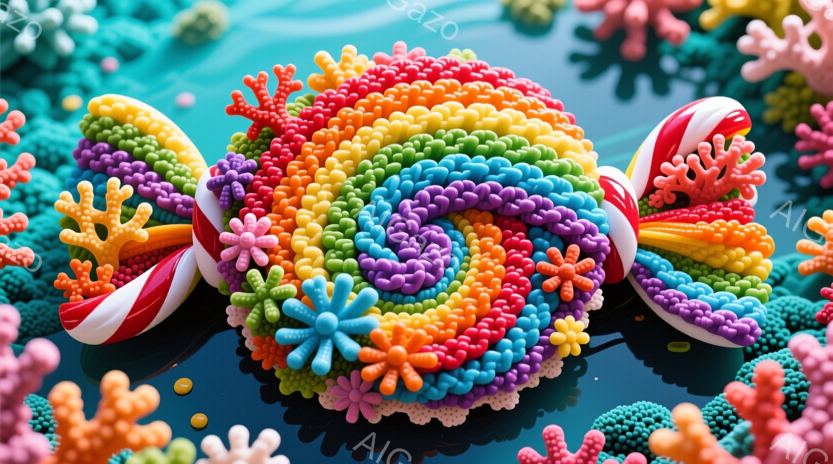 カラフルな小さな球体で構成された、渦巻き状の巨大な生物のような造形物が画面中央に配置されている。周囲には同じ球体でできた、花やサンゴのような小さな装飾が散りばめられており、全体的に鮮やかで幻想的な雰囲気を醸し出している。光沢のある反射面が、まるで水中世界のようにも感じられる。