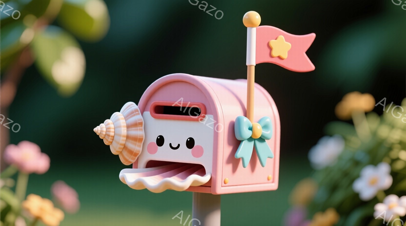 淡いピンク色の可愛らしい郵便ポストが、緑の芝生の上に立っている。ポストは擬人化されており、つぶらな瞳と小さな口、そしてフリルのような下の部分が特徴的で、ターコイズブルーのリボンがアクセントになっている。背景には、ぼやけたピンクと白の花々が咲き乱れ、全体的に柔らかく温かい雰囲気を醸し出している。