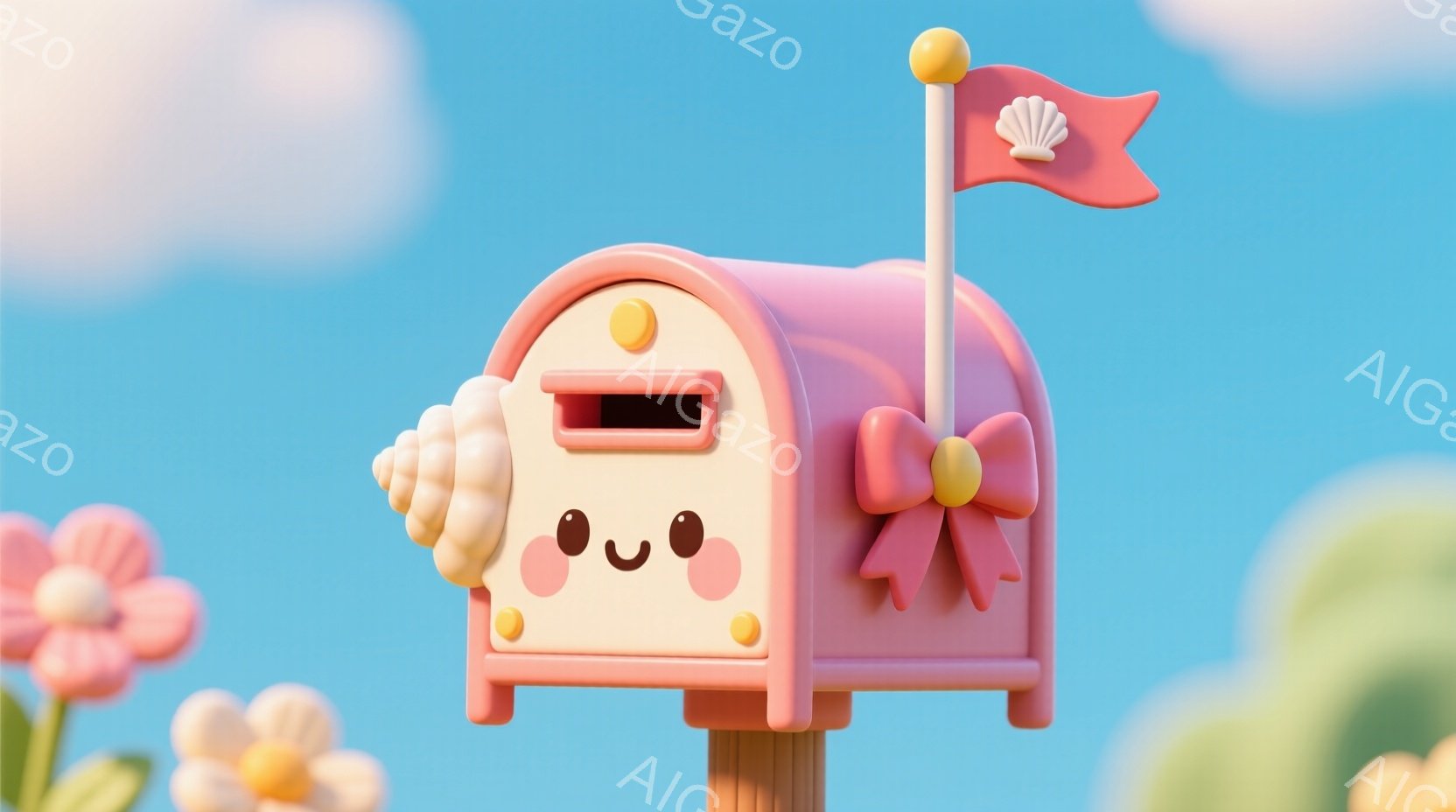 明るいピンク色の可愛らしい郵便ポストが、緑の草原を背景に描かれています。ポストには丸い目と口が描かれており、まるで生きているかのような表情をしています。空は晴れ、ふわふわとした雲と花々が、温かく穏やかな雰囲気を醸し出しています。
