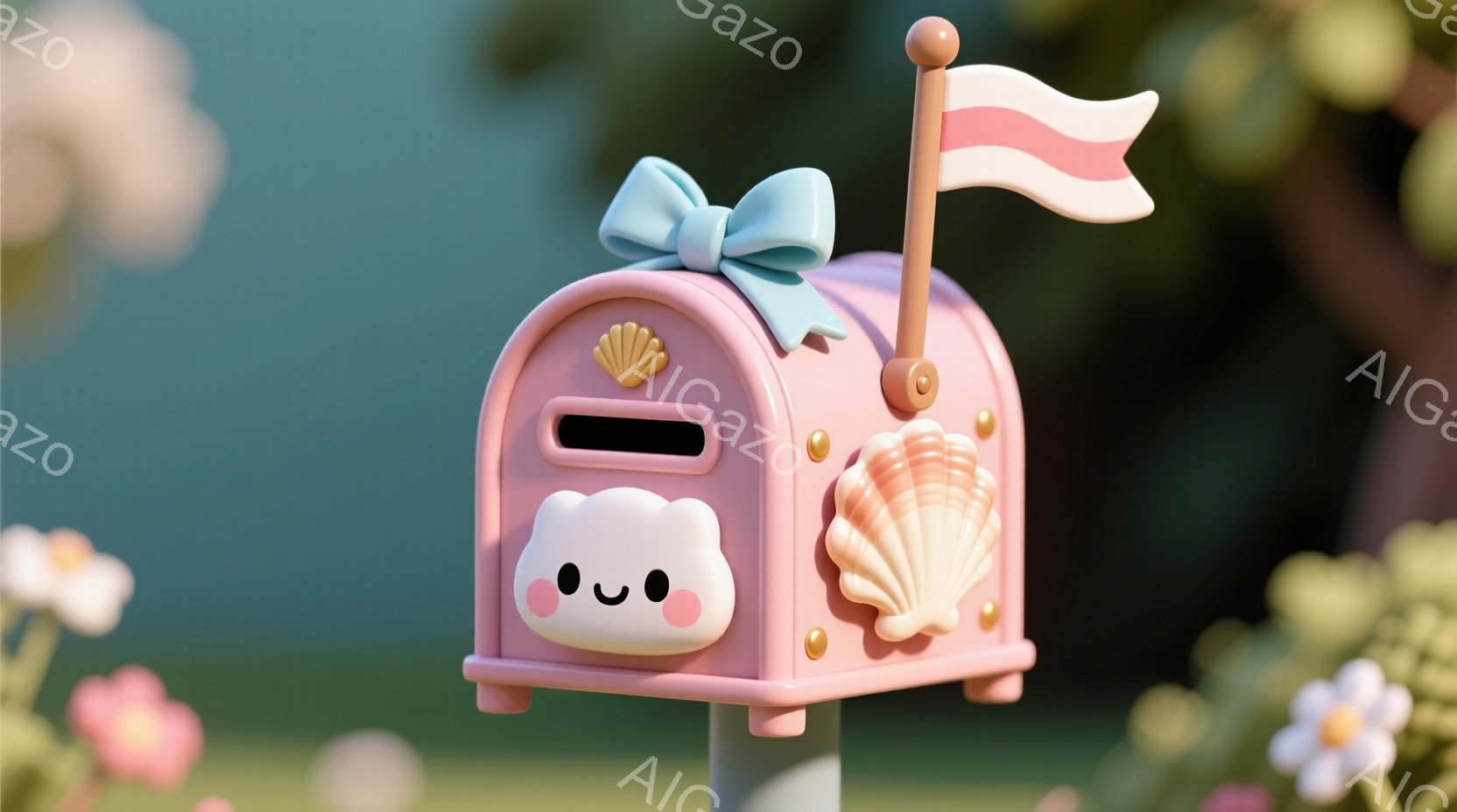 明るいピンク色の可愛らしい郵便ポストが、緑の芝生の上に立っている。郵便ポストには貝殻の装飾が施され、正面には愛らしい笑顔の顔が描かれている。背景には、ぼやけたピンク色の花々が咲き乱れ、全体的に穏やかで夢のような雰囲気を醸し出している。