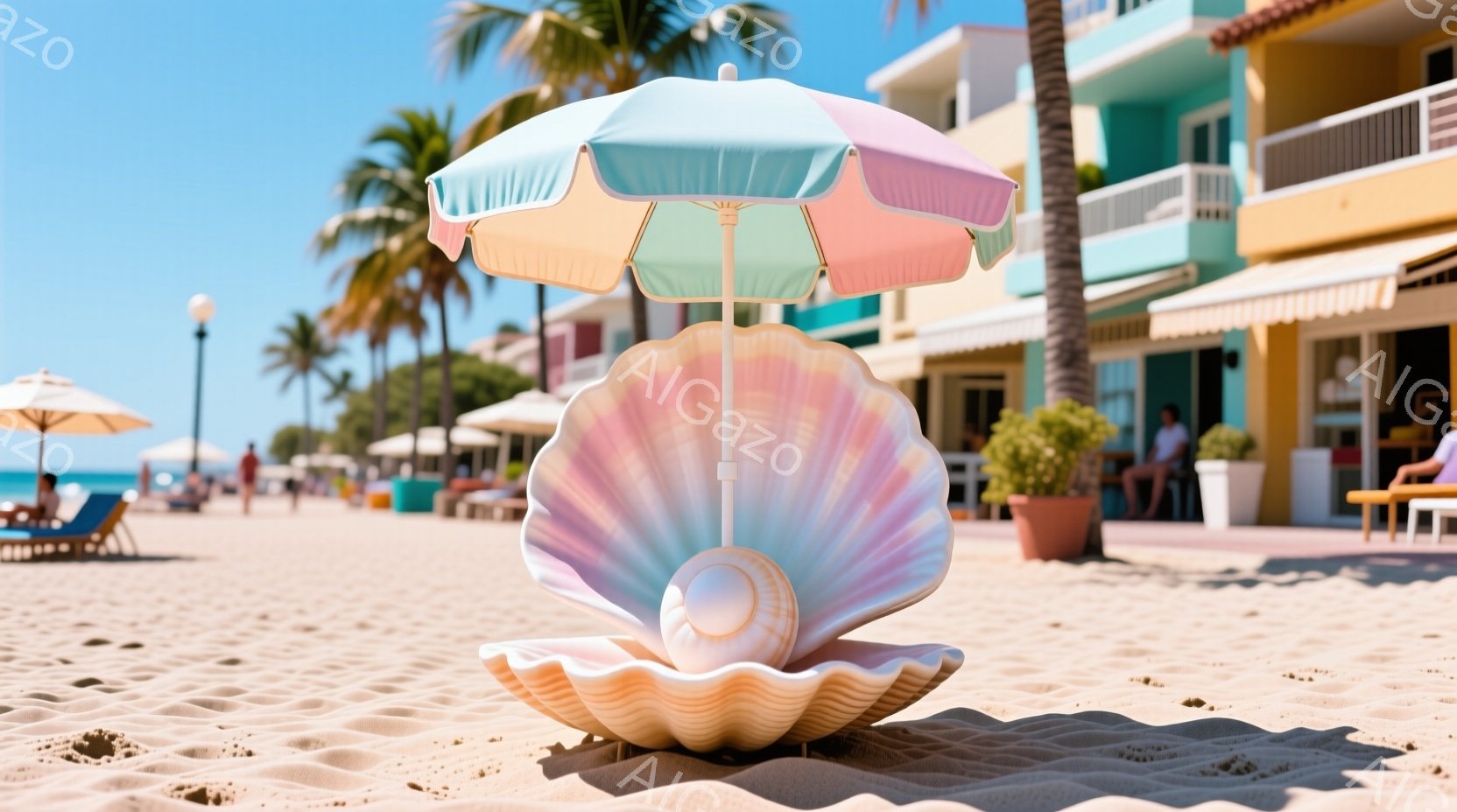 砂浜に貝殻の形をしたオブジェが設置されており、その上にはパステルカラーのパラソルが差し込まれています。背景には、鮮やかな色合いの建物やヤシの木が見え、晴天の下、リゾート地のような雰囲気です。全体的に、 - AI生成フリー素材