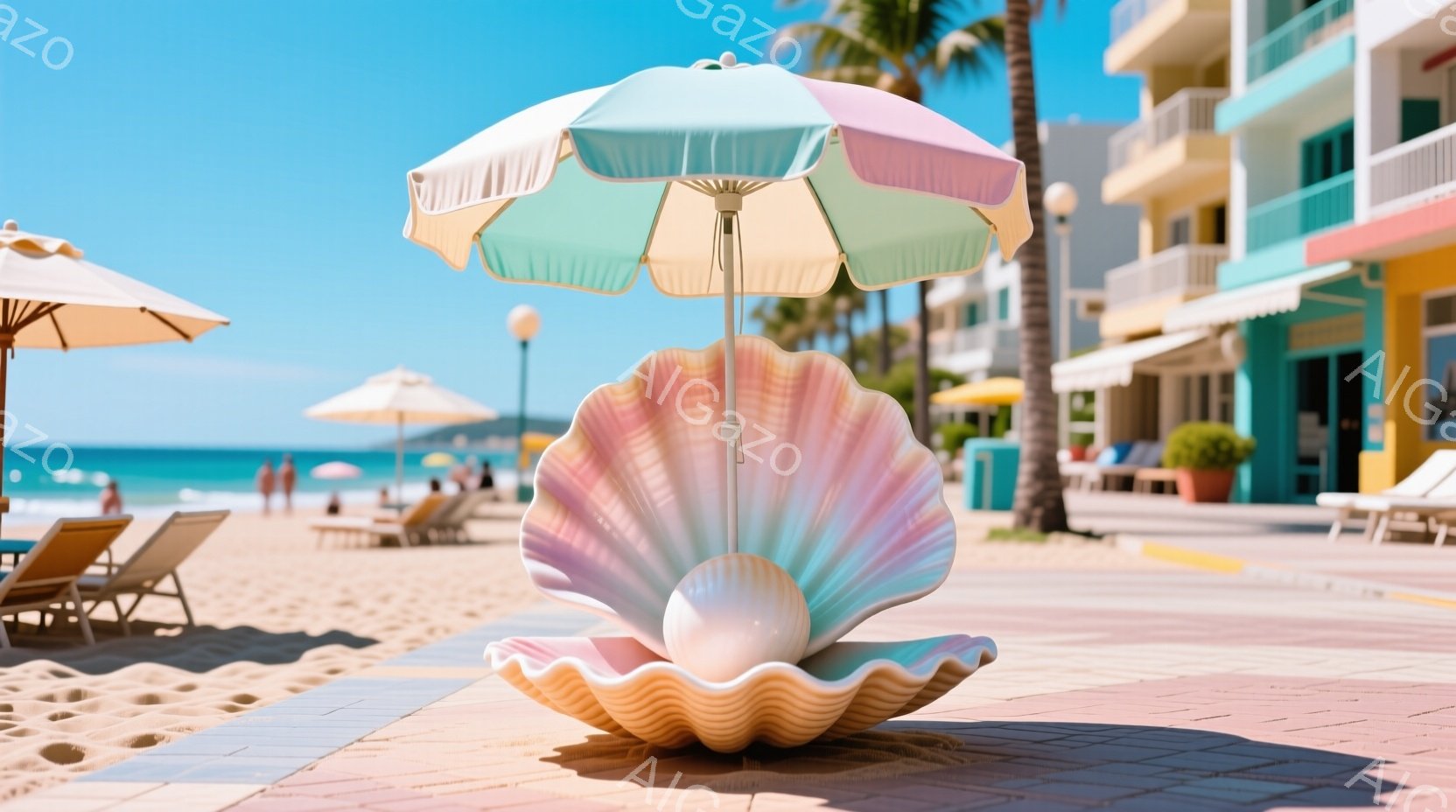 ビーチ沿いの歩道に置かれた巨大な真珠の彫刻を捉えています。彫刻は虹色に輝き、その上にパステルカラーのパラソルが設置されています。背景には、カラフルな建物と青い海、そしてヤシの木が見え、晴れた日のリラックスした雰囲気を醸し出しています。