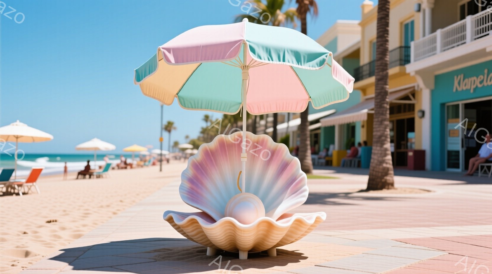 晴れた海岸沿いの歩道に、巨大な真珠の殻を模したベンチが設置されている。淡いピンク、紫、水色のグラデーションが美しいパラソルが備え付けられており、その下には数人が腰掛けているようだ。背景には青い海、白い - AI生成フリー素材