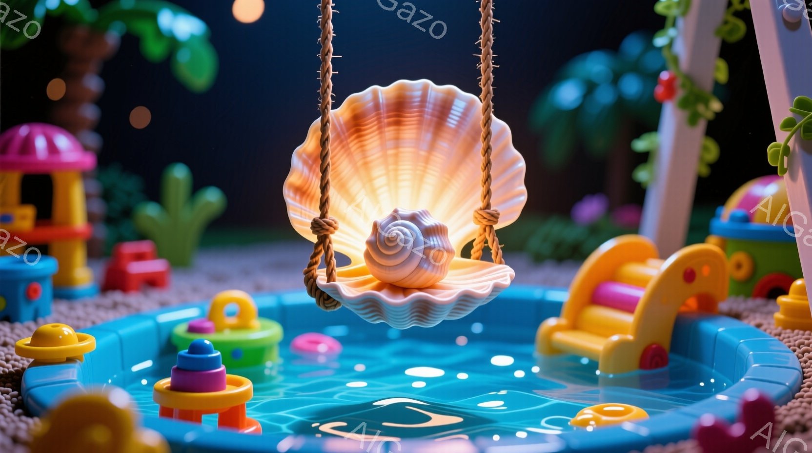 明るい青色の子供用プールの中に、おもちゃの建物やカラフルなリングが浮かんでいます。空には小さな光が点在し、背景には緑色の植物が見え、遊び心に満ちた雰囲気です。貝殻で作られたブランコがプールの真上に吊り - AI生成フリー素材
