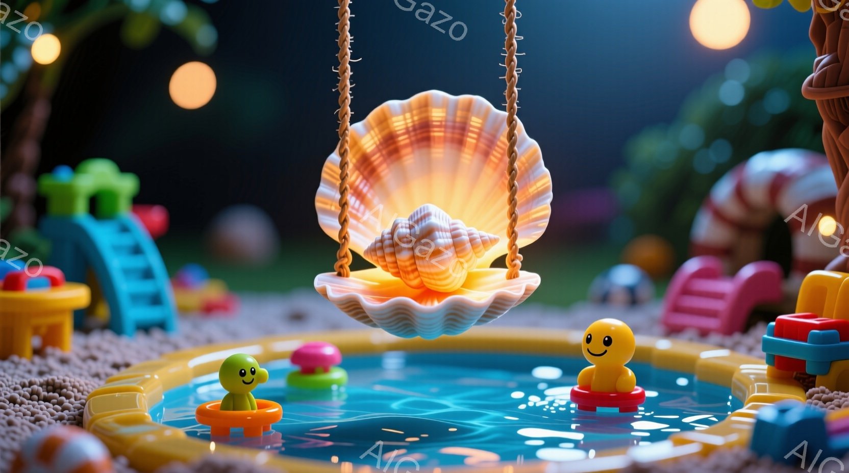 鮮やかなピンク色のプールの中に、黄色い笑顔の浮き輪に乗った2つのキャラクターが浮かんでいます。背景には、おもちゃのような建物やカラフルな小石、そしてかすかに光る夜空が見え、全体的に夢のような、遊び心に - AI生成フリー素材