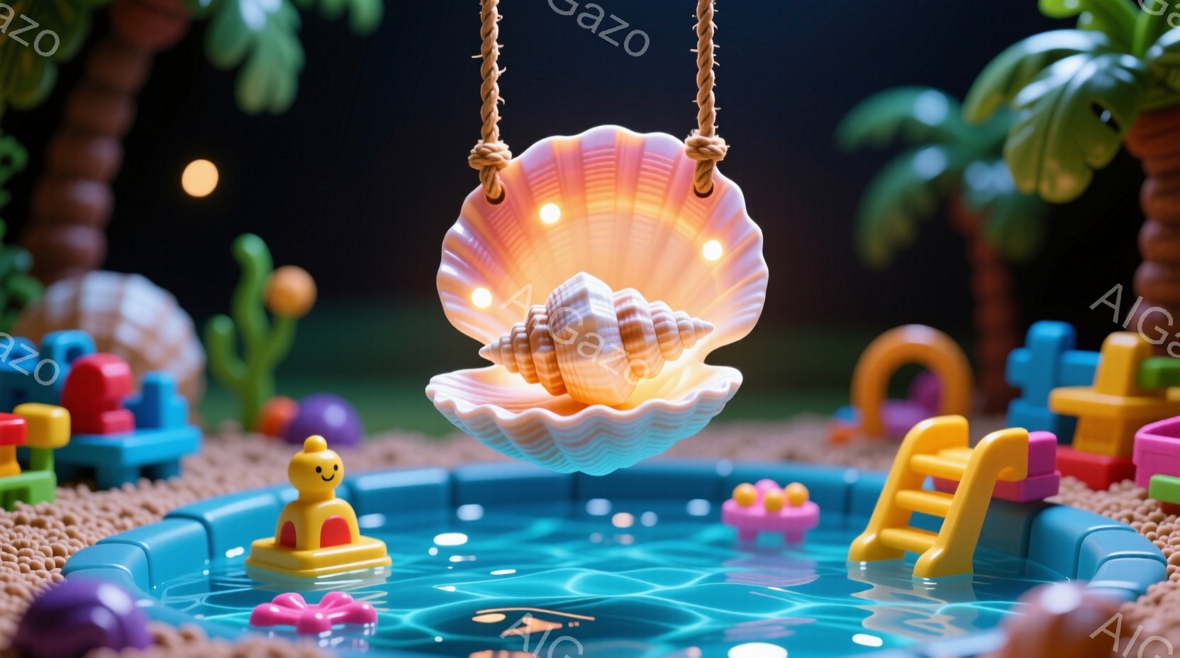 明るい青色のプールの中に、黄色いアヒルの浮き輪とピンク色のクラゲのおもちゃが浮かんでいます。プールの真上には、光を放つ貝殻が吊り下げられており、背景にはパステルカラーのヤシの木や砂浜が広がっています。 - AI生成フリー素材