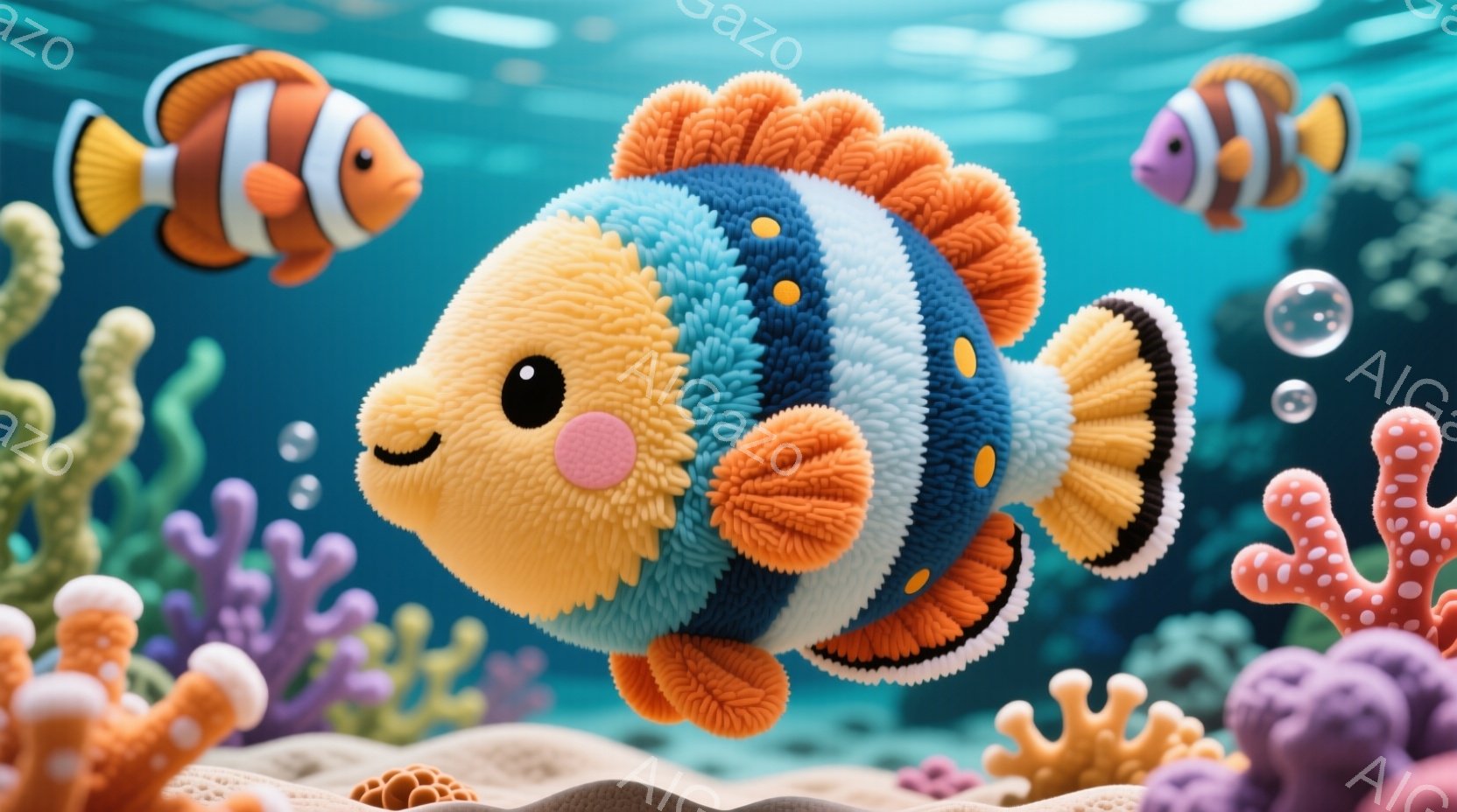 鮮やかなオレンジと青の縞模様を持つ、毛糸で作られたような可愛らしいクマノミが描かれています。クマノミは泡とともに水中を泳ぎ、周囲にはカラフルなサンゴ礁が広がっており、全体的に暖かく、遊び心のある雰囲気 - AI生成フリー素材