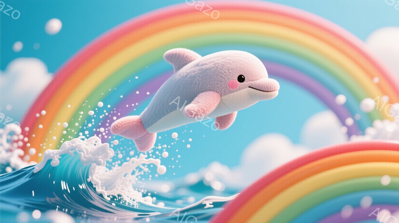 明るい虹と青い空を背景に、愛らしいピンク色のイルカが水しぶきを上げて飛び跳ねています。イルカはつぶらな瞳と微笑みを浮かべ、丸みを帯びた可愛らしいフォルムをしています。全体的にパステルカラーで彩られ、夢 - AI生成フリー素材