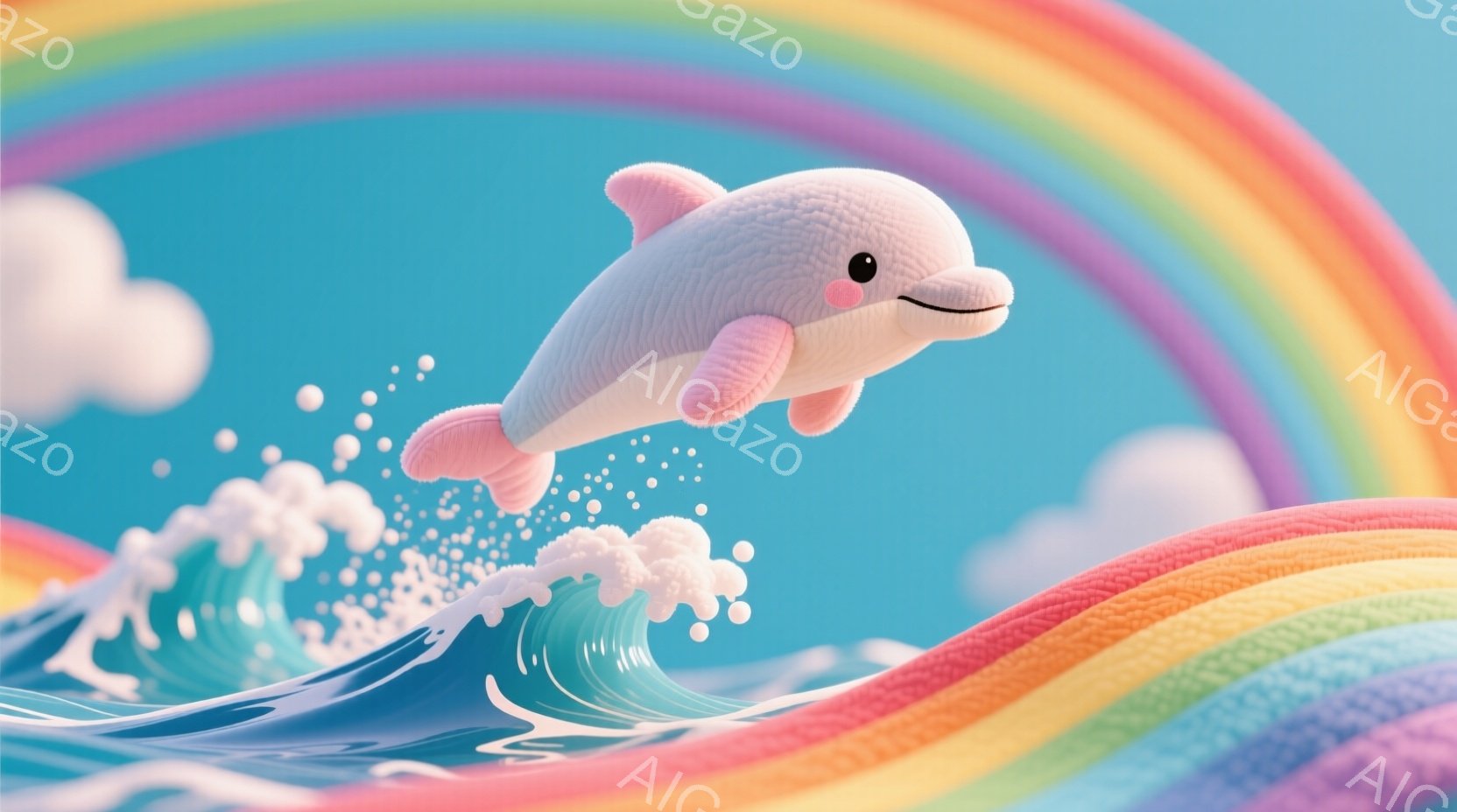 明るい青空を背景に、ピンク色の可愛らしいイルカが波の上を跳ねています。イルカはつぶらな瞳で微笑んでおり、全体的に柔らかく、夢のような雰囲気です。背景には虹がかかり、波しぶきが舞う様子が、生き生きとした - AI生成フリー素材
